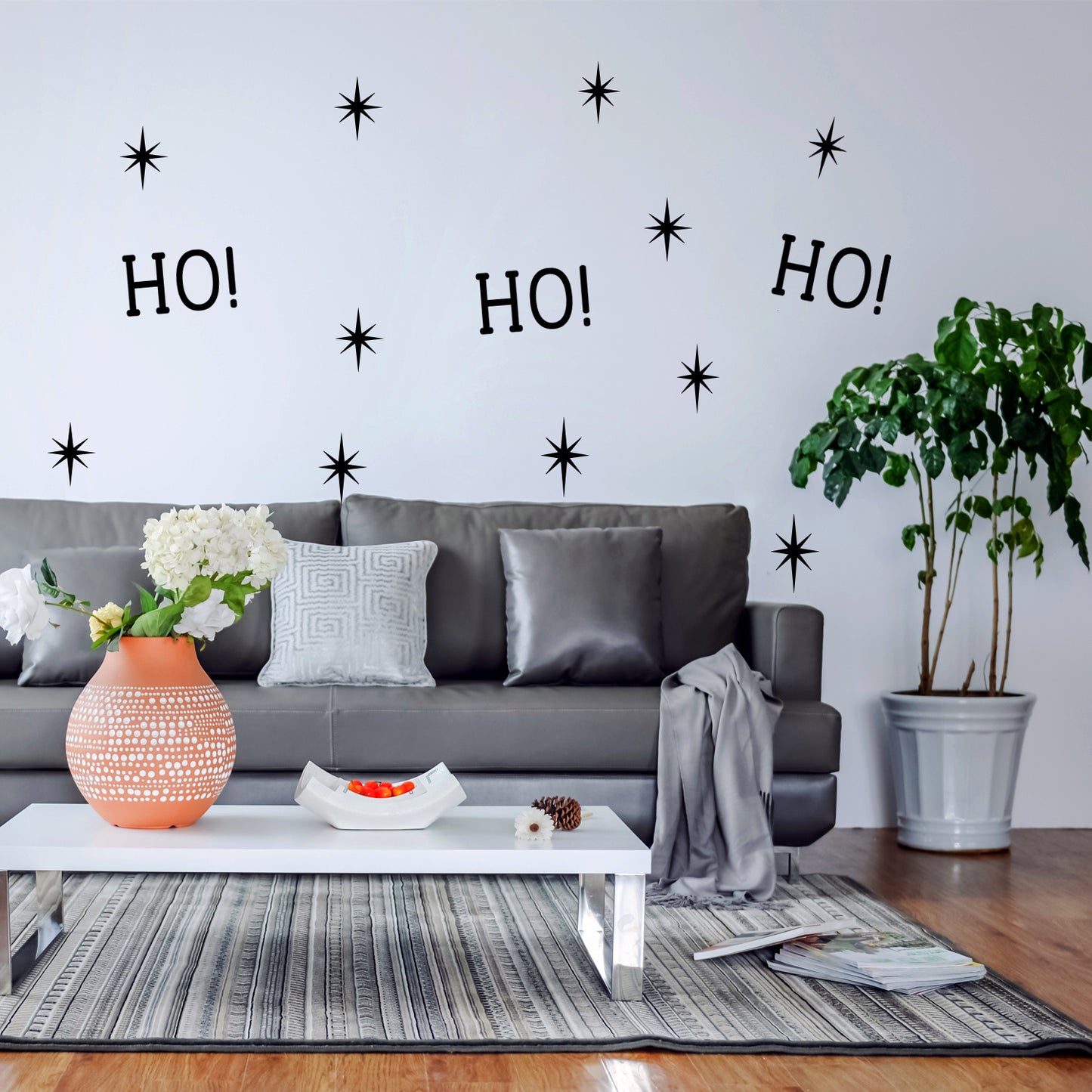 Vinyl Wall Art Decal - Ho Ho Ho and Stars - 22" x 22" - Christmas Seasonal Decoration Sticker - Indoor Outdoor Window Home Living Room Bedroom Apartment Office Door Decor