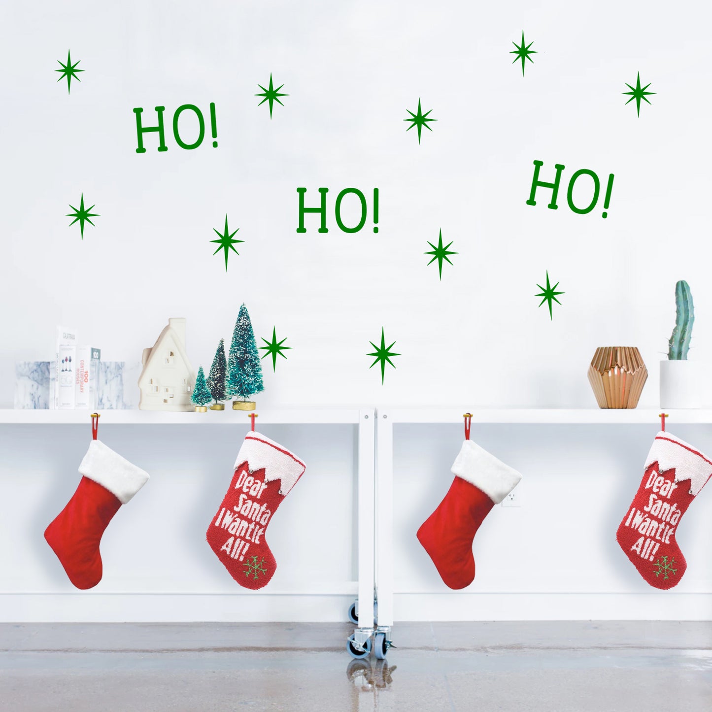 Vinyl Wall Art Decal - Ho Ho Ho and Stars - 22" x 22" - Christmas Seasonal Decoration Sticker - Indoor Outdoor Window Home Living Room Bedroom Apartment Office Door Decor