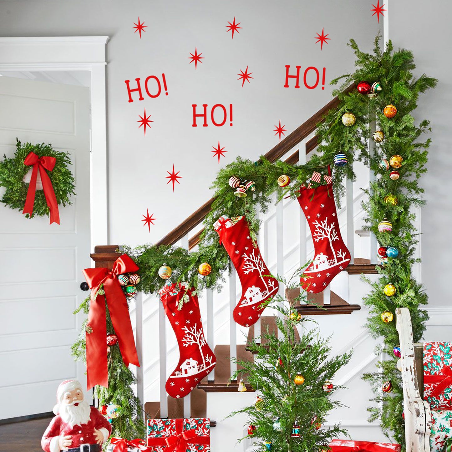 Vinyl Wall Art Decal - Ho Ho Ho and Stars - 22" x 22" - Christmas Seasonal Decoration Sticker - Indoor Outdoor Window Home Living Room Bedroom Apartment Office Door Decor