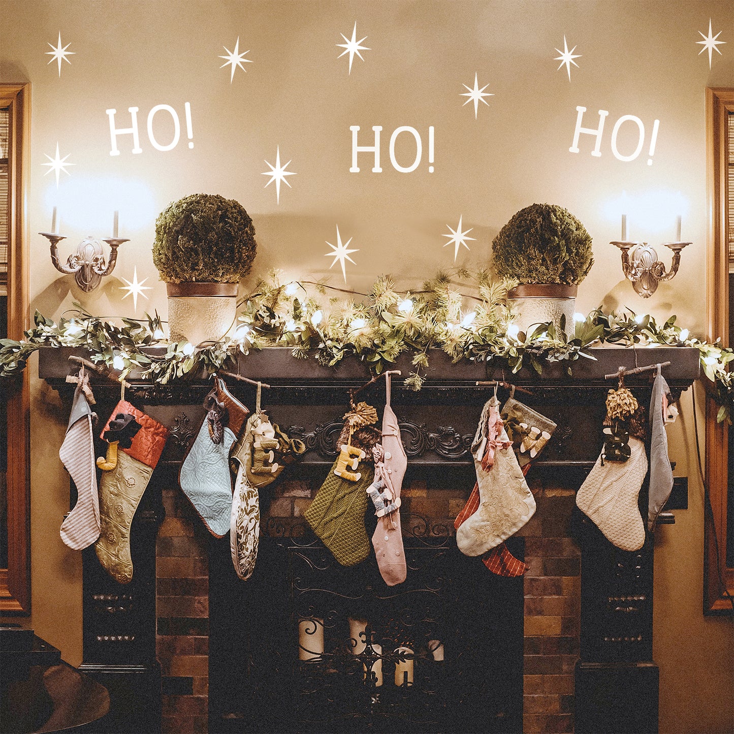 Vinyl Wall Art Decal - Ho Ho Ho and Stars - 22" x 22" - Christmas Seasonal Decoration Sticker - Indoor Outdoor Window Home Living Room Bedroom Apartment Office Door Decor