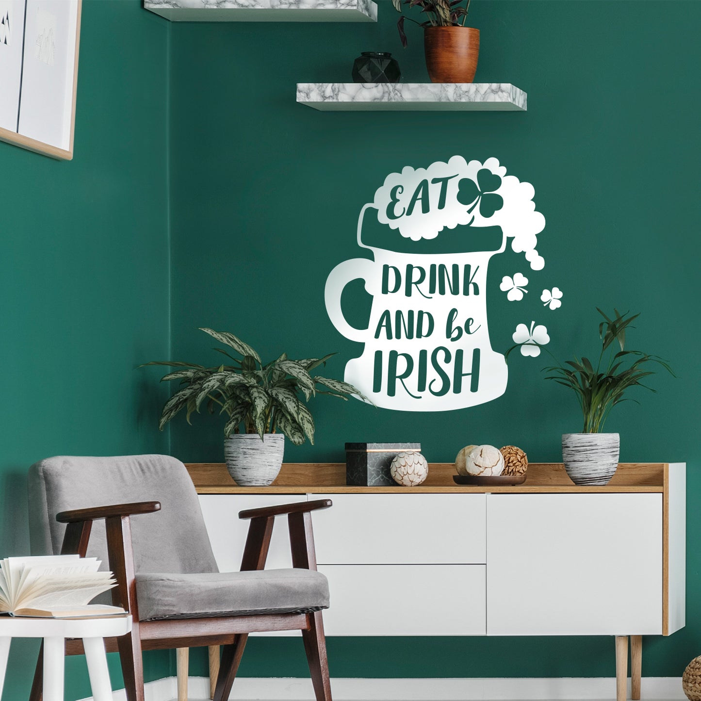 St Patrick’s Day Vinyl Wall Art Decal - Eat Drink and Be Irish - 24" x 23" - St Patty’s Holiday Home Living Room Bedroom Sticker - Indoor Outdoor Bar Restaurant Apartment Decor