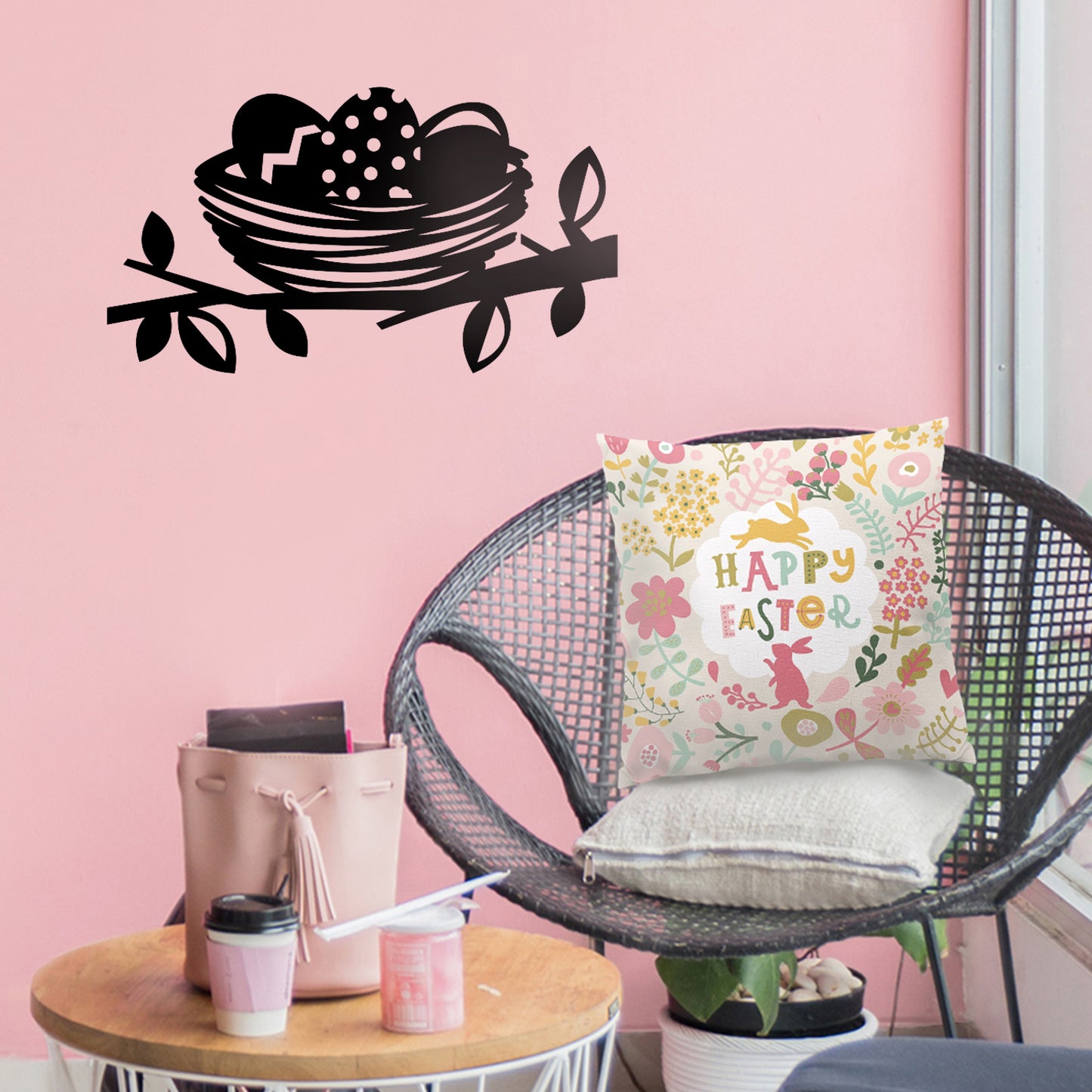 Easter Day Vinyl Wall Art Decal - Easter Egg Nest - 13" x 23" - Resurrection Sunday Pascha Holiday Modern Cute Home Living Room Bedroom Apartment Office Work Decor