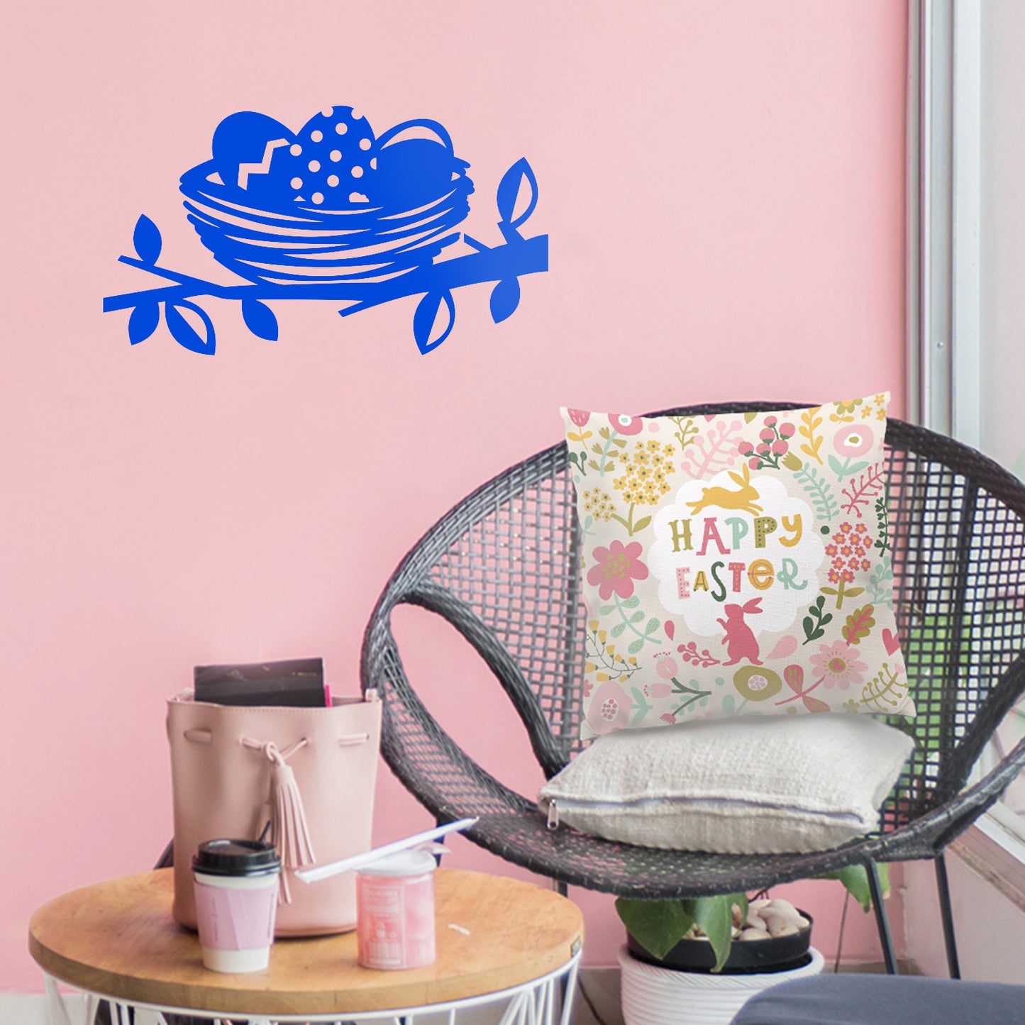 Easter Day Vinyl Wall Art Decal - Easter Egg Nest - 13" x 23" - Resurrection Sunday Pascha Holiday Modern Cute Home Living Room Bedroom Apartment Office Work Decor