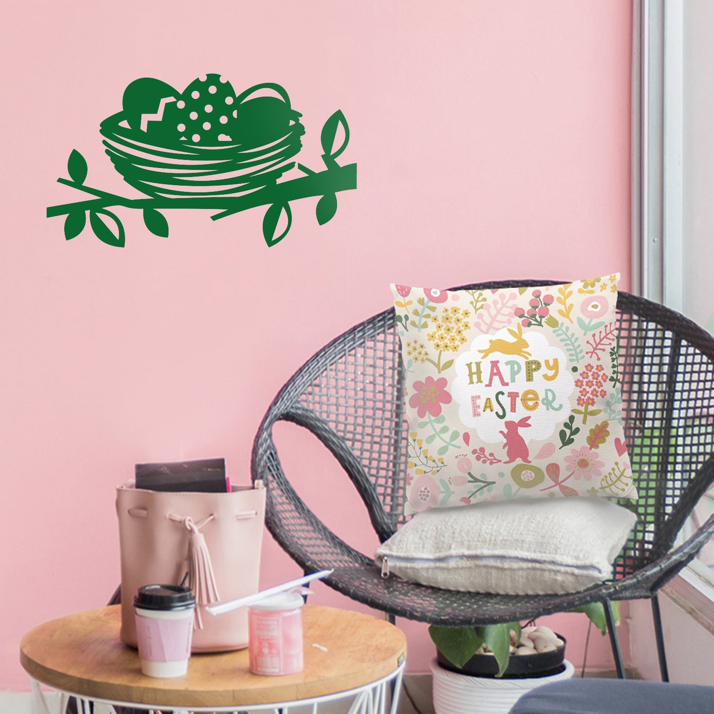 Easter Day Vinyl Wall Art Decal - Easter Egg Nest - 13" x 23" - Resurrection Sunday Pascha Holiday Modern Cute Home Living Room Bedroom Apartment Office Work Decor