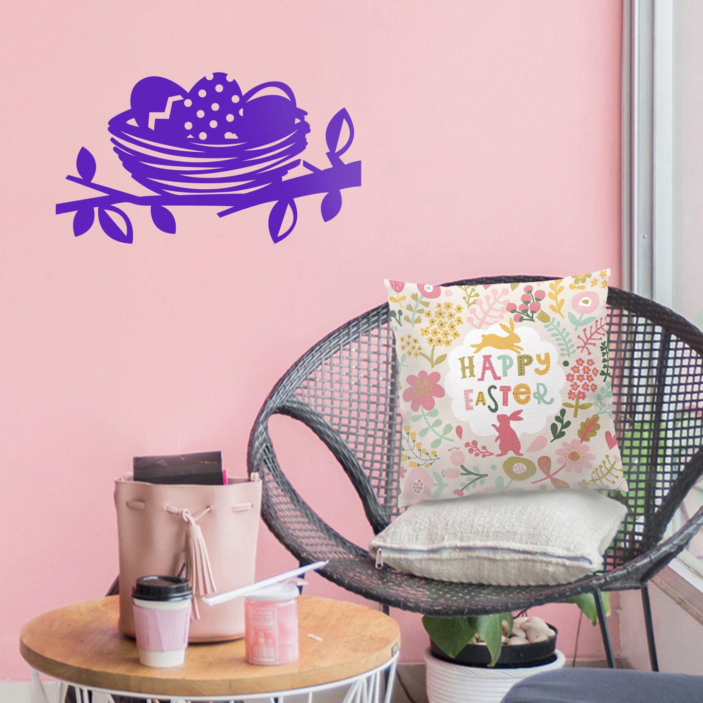 Easter Day Vinyl Wall Art Decal - Easter Egg Nest - 13" x 23" - Resurrection Sunday Pascha Holiday Modern Cute Home Living Room Bedroom Apartment Office Work Decor