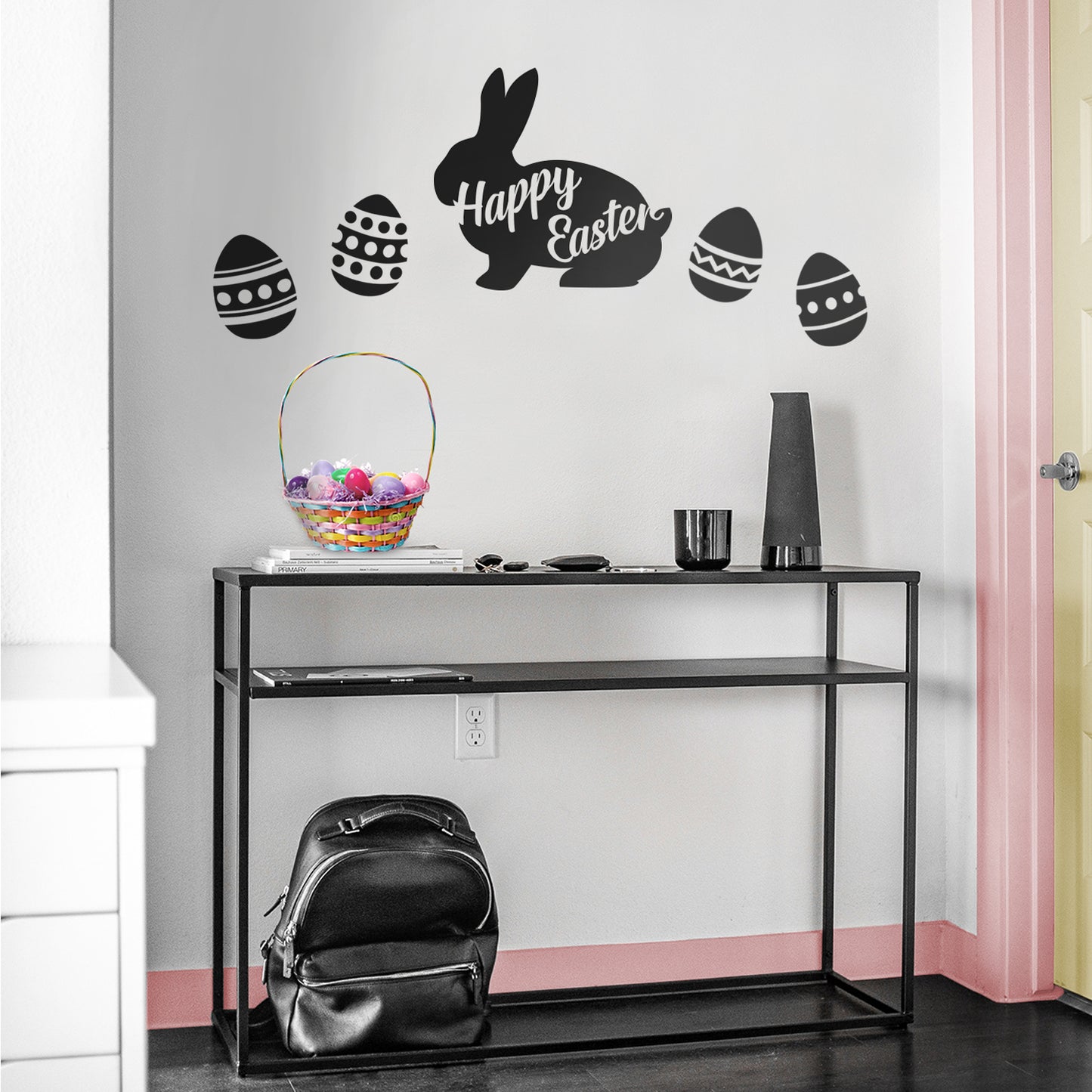 Easter Day Vinyl Wall Art Decal - Happy Easter Bunny - 16.83" x 18" - Cursive Resurrection Sunday Pascha Holiday Home Living Room Bedroom Apartment Nursery Office Work Decor