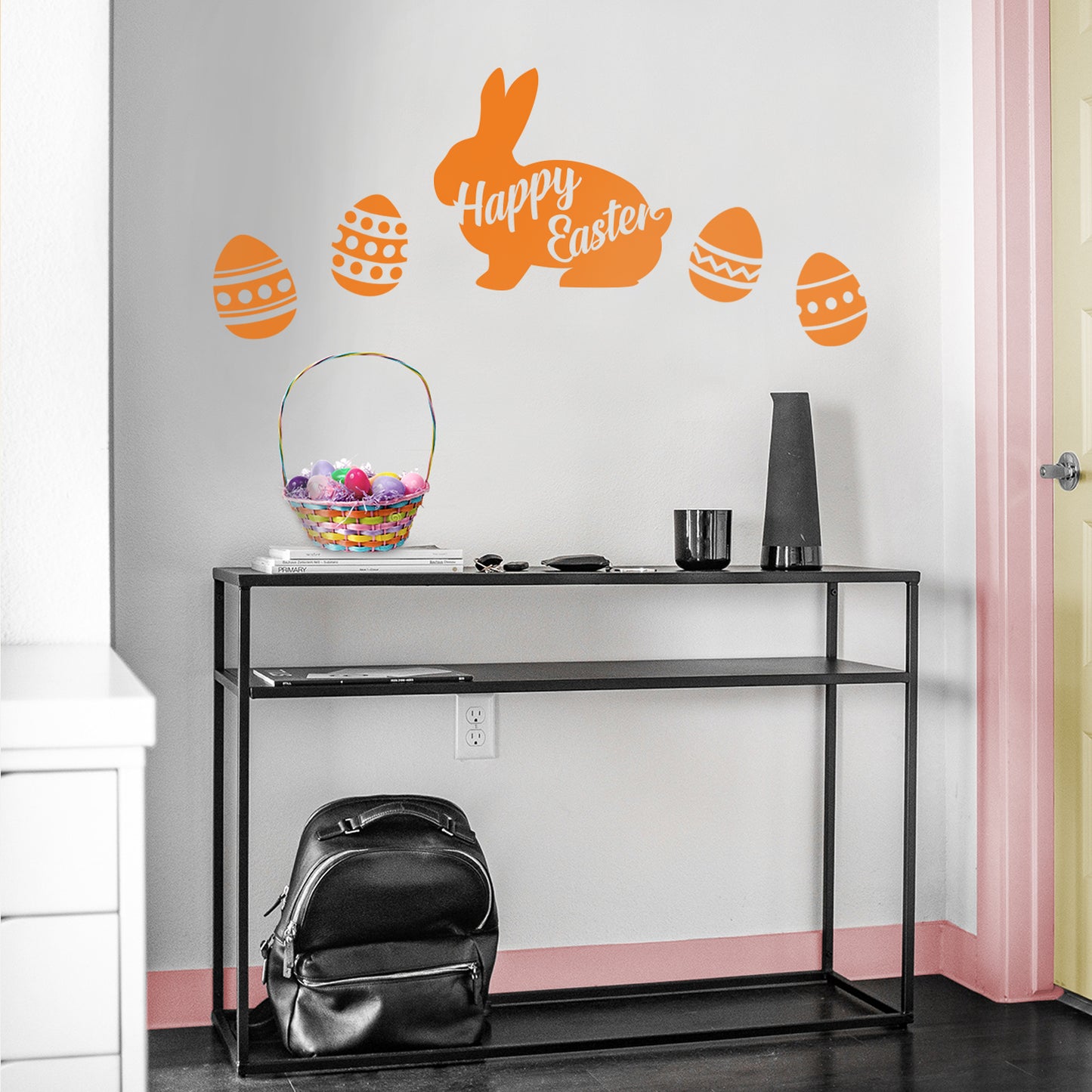 Easter Day Vinyl Wall Art Decal - Happy Easter Bunny - 16.83" x 18" - Cursive Resurrection Sunday Pascha Holiday Home Living Room Bedroom Apartment Nursery Office Work Decor
