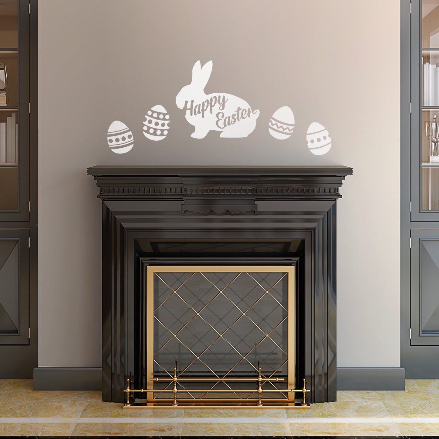 Easter Day Vinyl Wall Art Decal - Happy Easter Bunny - 16.83" x 18" - Cursive Resurrection Sunday Pascha Holiday Home Living Room Bedroom Apartment Nursery Office Work Decor