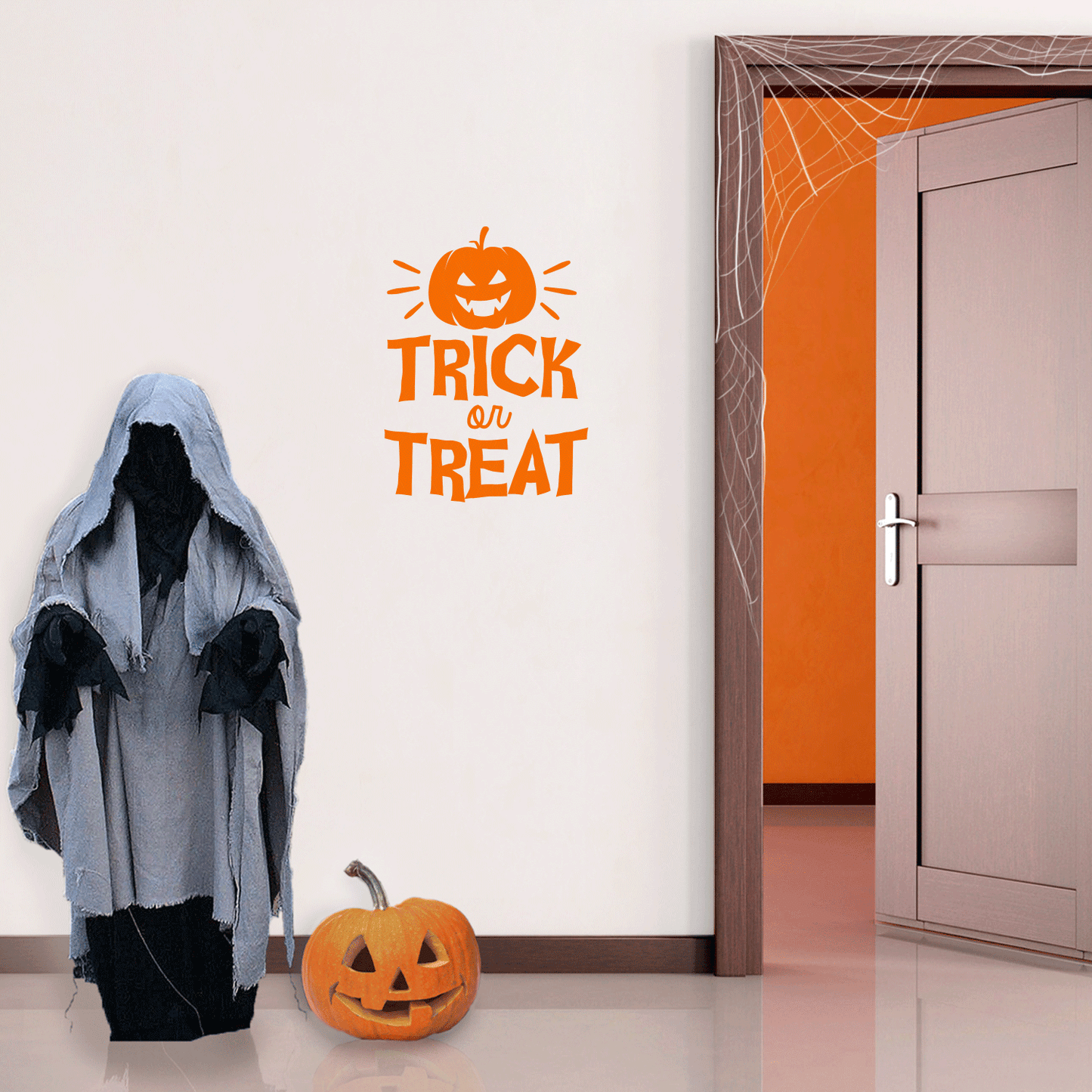Vinyl Wall Art Decal - Trick Or Treat Pumpkin - 23" x 17" - Trendy Spooky Halloween Quote for Home Entryway Front Door Store Coffee Shop Restaurant Seasonal Decoration Sticker