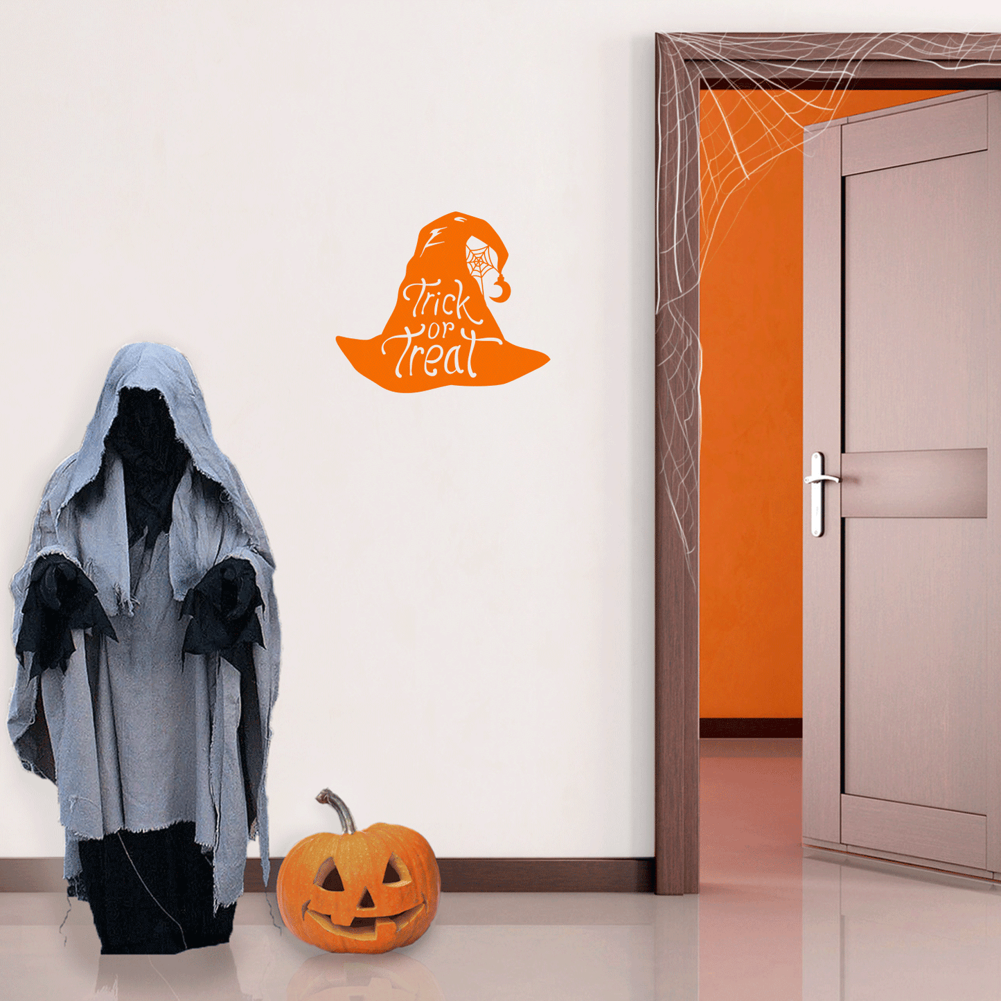 Vinyl Wall Art Decal - Trick Or Treat Magic Hat - 17" x 20" - Trendy Spooky Halloween Quote for Home Entryway Front Door Store Coffee Shop Restaurant Seasonal Decoration Sticker