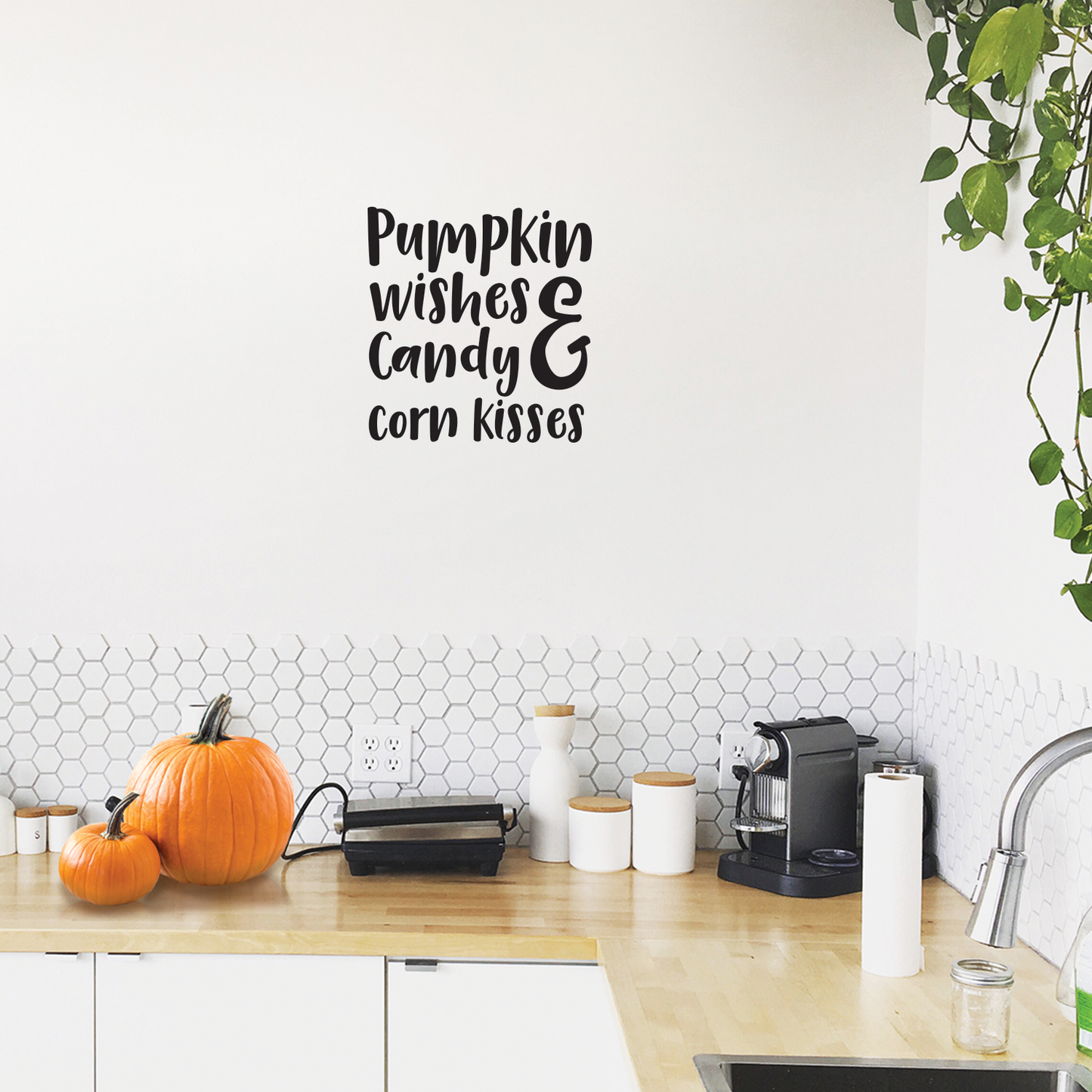 Vinyl Wall Art Decal - Pumpkin Wishes and Candy Corn Kisses Vinyl Sticker - Removable Peel and Stick Indoor Outdoor Halloween Decorations for Home, Classroom, Windows, and Spooky Decor