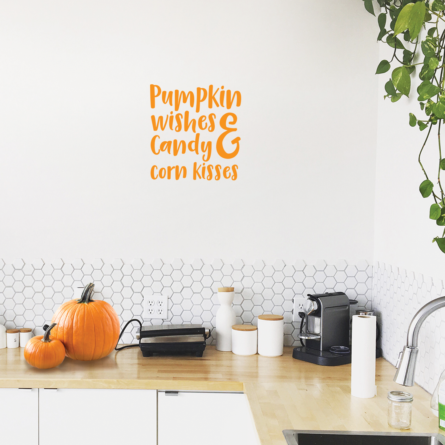 Vinyl Wall Art Decal - Pumpkin Wishes and Candy Corn Kisses Vinyl Sticker - Removable Peel and Stick Indoor Outdoor Halloween Decorations for Home, Classroom, Windows, and Spooky Decor