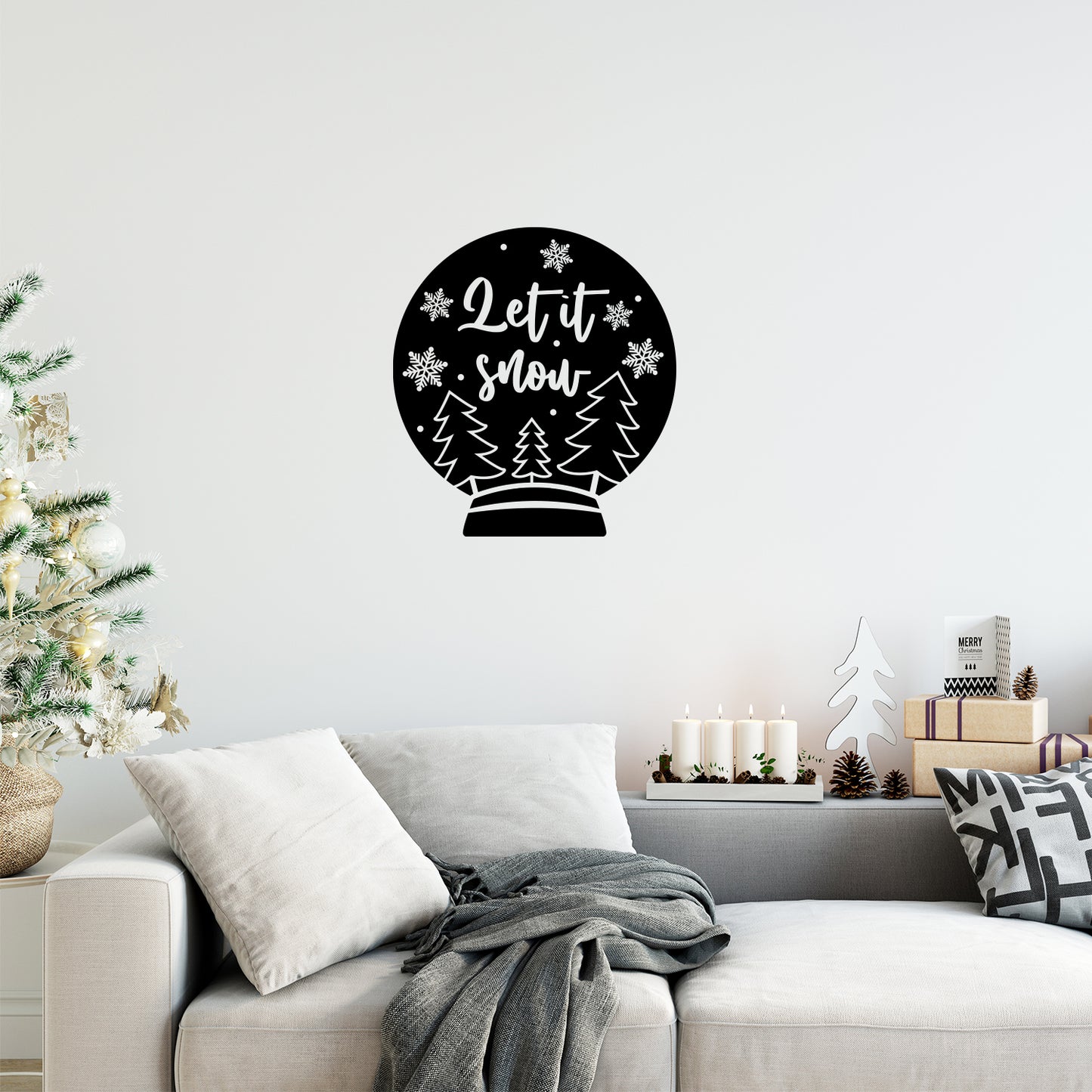Vinyl Wall Art Decal - Let It Snow - Lovely Christmas Snow Globe Design Holiday Wall Art Sticker Vinyl Decal for Living Room Doors Windows Storefront School Coffee Shop