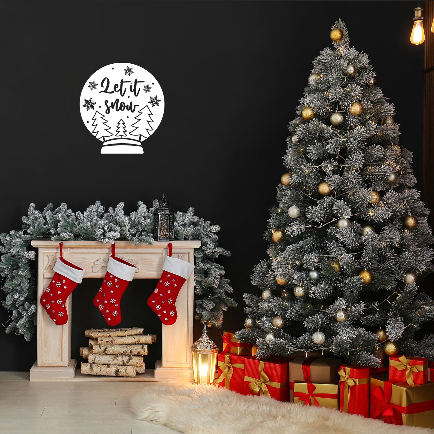 Vinyl Wall Art Decal - Let It Snow - Lovely Christmas Snow Globe Design Holiday Wall Art Sticker Vinyl Decal for Living Room Doors Windows Storefront School Coffee Shop