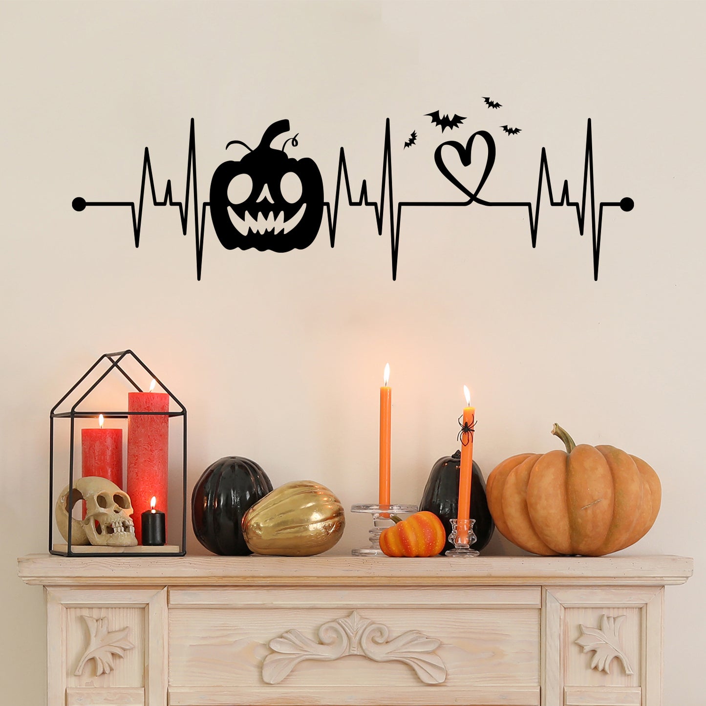 Vinyl Wall Art Decal - Heart Bit Halloween - 33.5" x 11" - Scary Pumpkin Face Seasonal Quote Sticker for Entryway Storefront Office Living Room Horror Spooky Decor