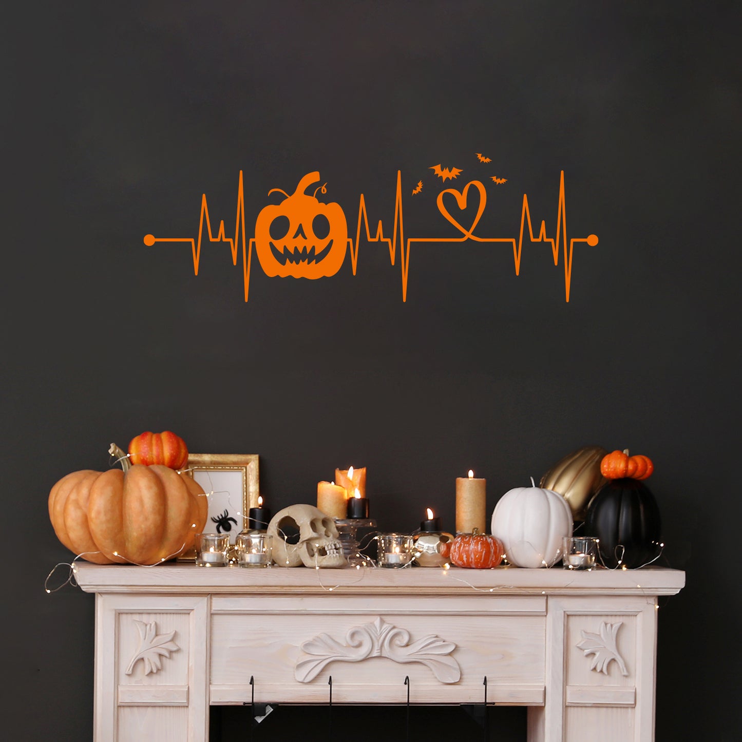 Vinyl Wall Art Decal - Heart Bit Halloween - 33.5" x 11" - Scary Pumpkin Face Seasonal Quote Sticker for Entryway Storefront Office Living Room Horror Spooky Decor