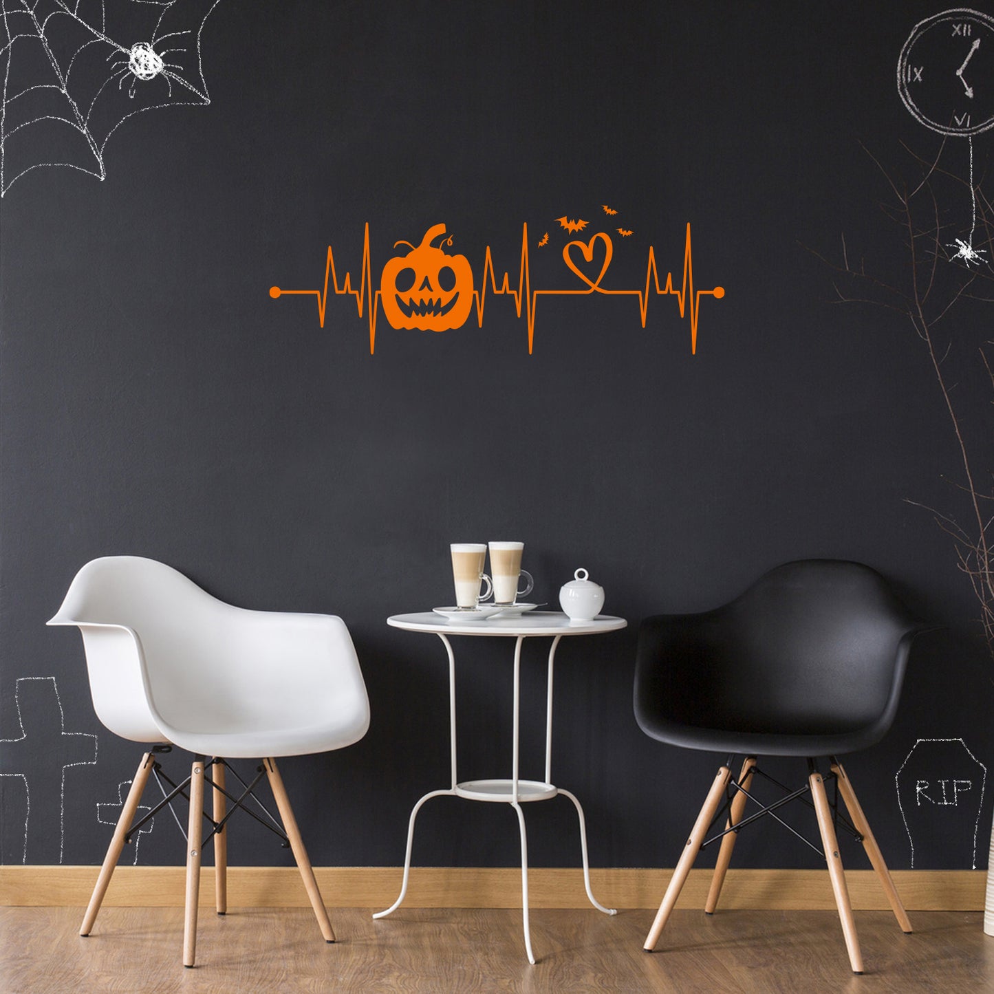 Vinyl Wall Art Decal - Heart Bit Halloween - 33.5" x 11" - Scary Pumpkin Face Seasonal Quote Sticker for Entryway Storefront Office Living Room Horror Spooky Decor