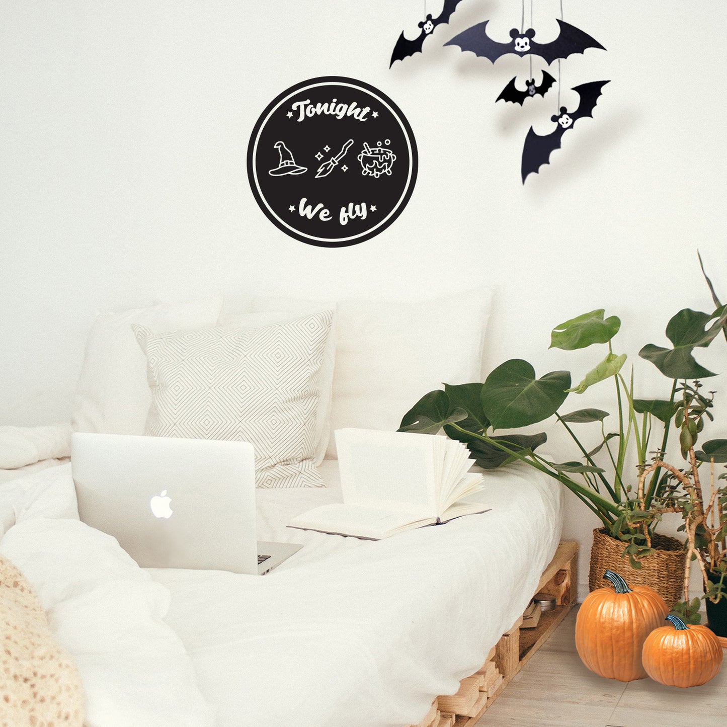 Vinyl Wall Art Decal - Tonight We Fly - 12" x 12" - Witch Pot Hat Broom Design Seasonal Halloween Quote Sticker for Entryway Storefront Office Living Room Scary Spooky Decor