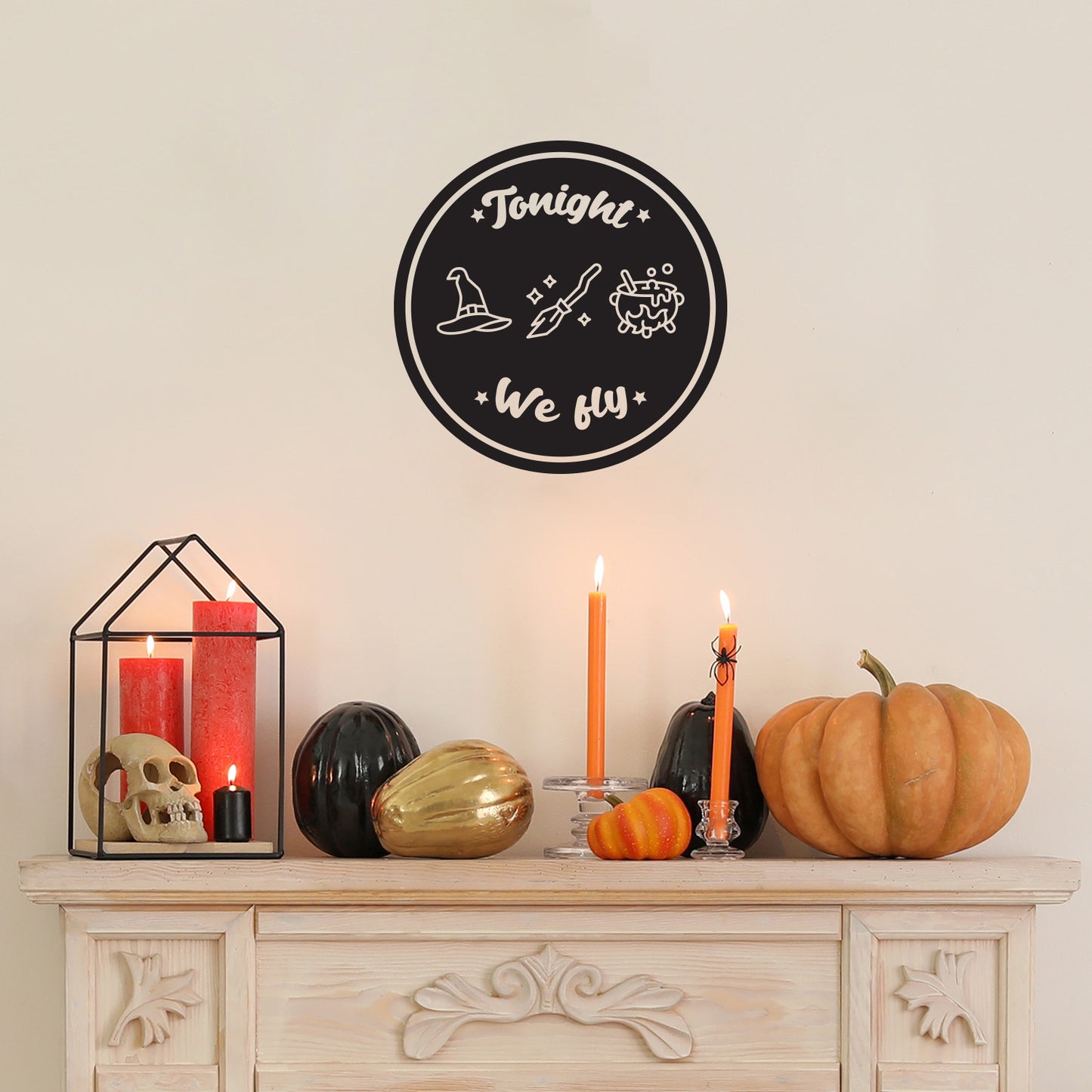 Vinyl Wall Art Decal - Tonight We Fly - 12" x 12" - Witch Pot Hat Broom Design Seasonal Halloween Quote Sticker for Entryway Storefront Office Living Room Scary Spooky Decor