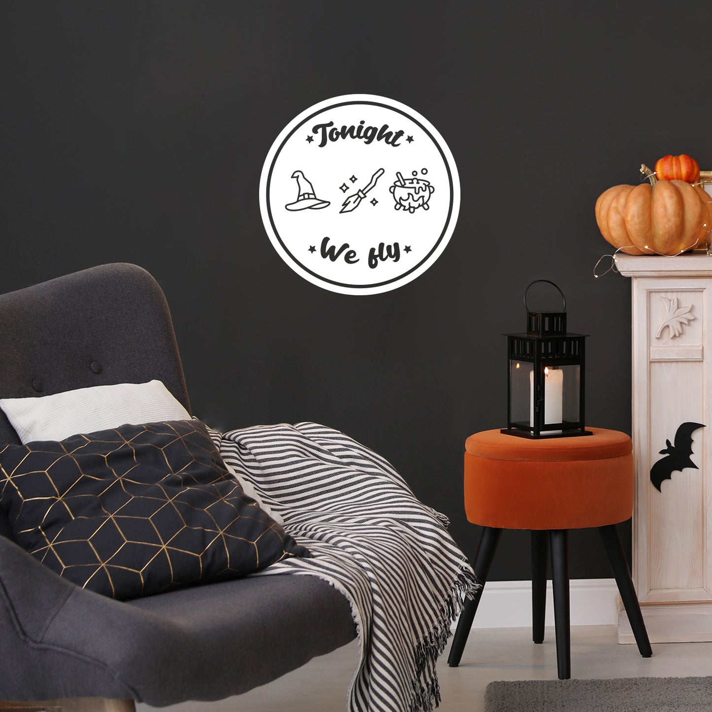 Vinyl Wall Art Decal - Tonight We Fly - 12" x 12" - Witch Pot Hat Broom Design Seasonal Halloween Quote Sticker for Entryway Storefront Office Living Room Scary Spooky Decor