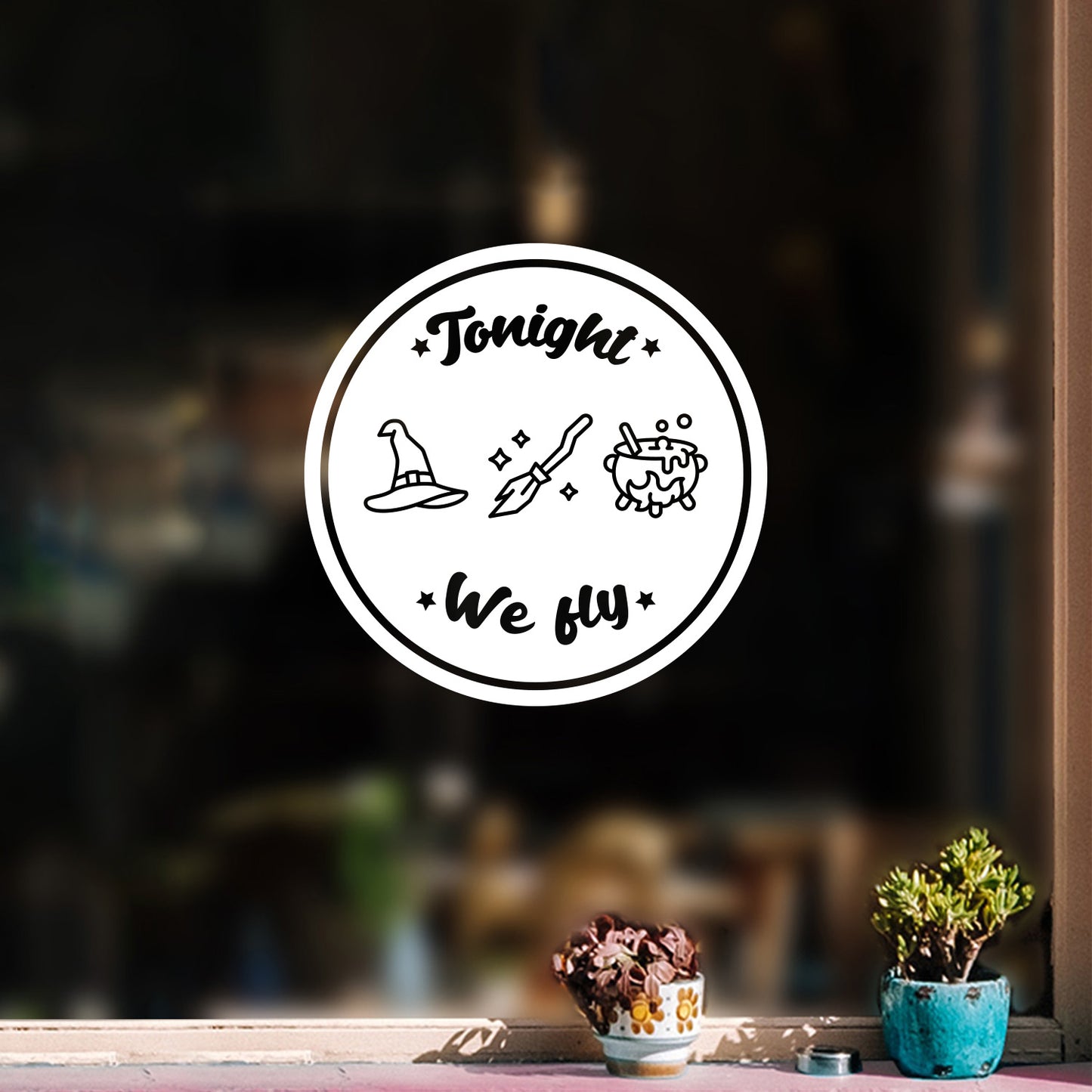 Vinyl Wall Art Decal - Tonight We Fly - 12" x 12" - Witch Pot Hat Broom Design Seasonal Halloween Quote Sticker for Entryway Storefront Office Living Room Scary Spooky Decor