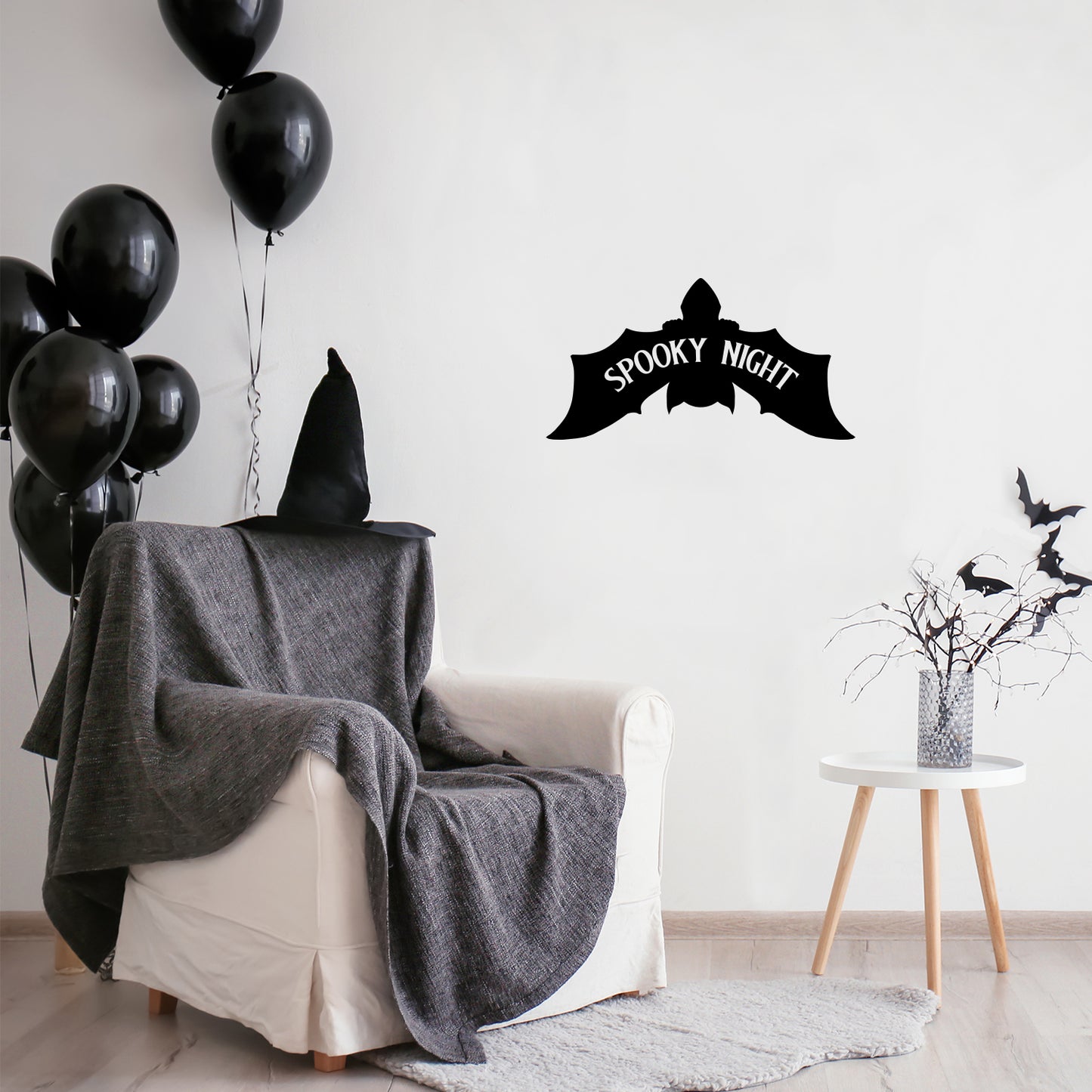 Vinyl Wall Art Decal - Spooky Night - 13" x 25" - Bat Design Seasonal Halloween Quote Sticker for Entryway Storefront Office Living Room Scary Spooky Decor