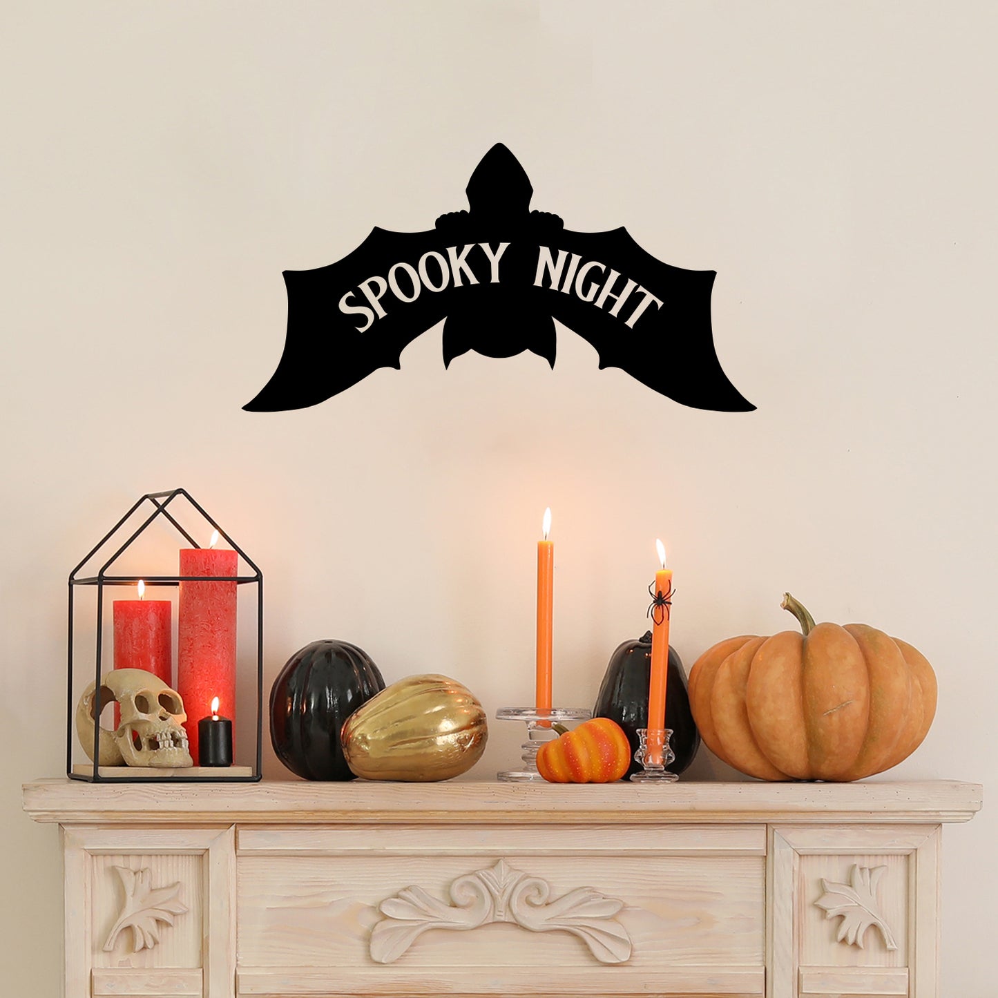 Vinyl Wall Art Decal - Spooky Night - 13" x 25" - Bat Design Seasonal Halloween Quote Sticker for Entryway Storefront Office Living Room Scary Spooky Decor