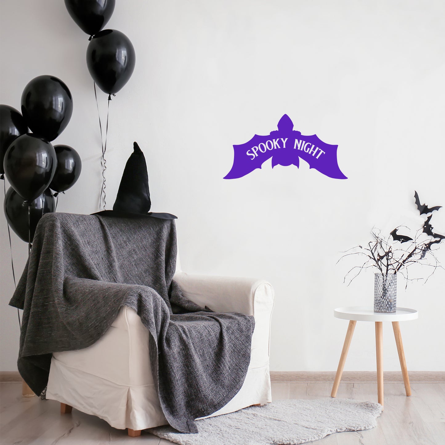 Vinyl Wall Art Decal - Spooky Night - 13" x 25" - Bat Design Seasonal Halloween Quote Sticker for Entryway Storefront Office Living Room Scary Spooky Decor