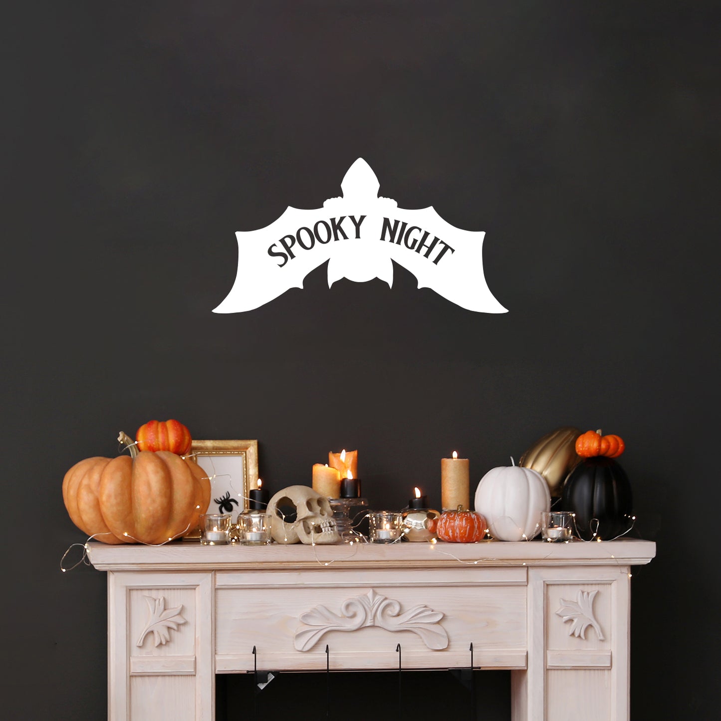 Vinyl Wall Art Decal - Spooky Night - 13" x 25" - Bat Design Seasonal Halloween Quote Sticker for Entryway Storefront Office Living Room Scary Spooky Decor
