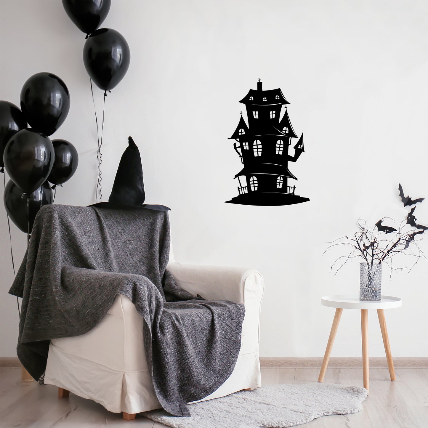 Vinyl Wall Art Decal - Haunted House - 25" x 17" - Spooky Mansion Design Seasonal Halloween Quote Sticker for Entryway Storefront Office Living Room Scary Spooky Decor