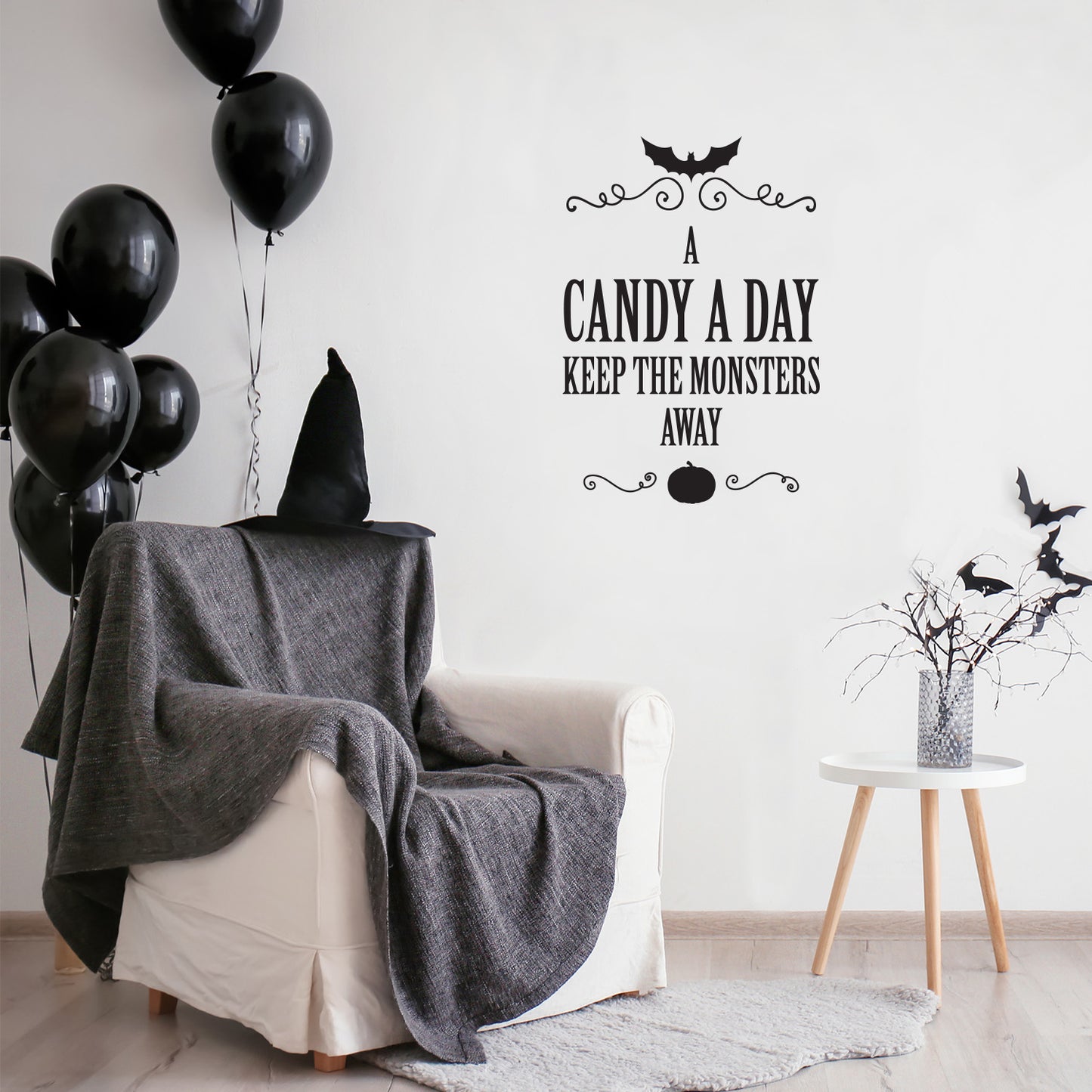 Vinyl Wall Art Decal - A Candy A Day Keeps The Monsters Away - 22" x 15" - Pumpkin Design Seasonal Halloween Quote Sticker for Entryway Storefront Office Living Room Scary Spooky Decor
