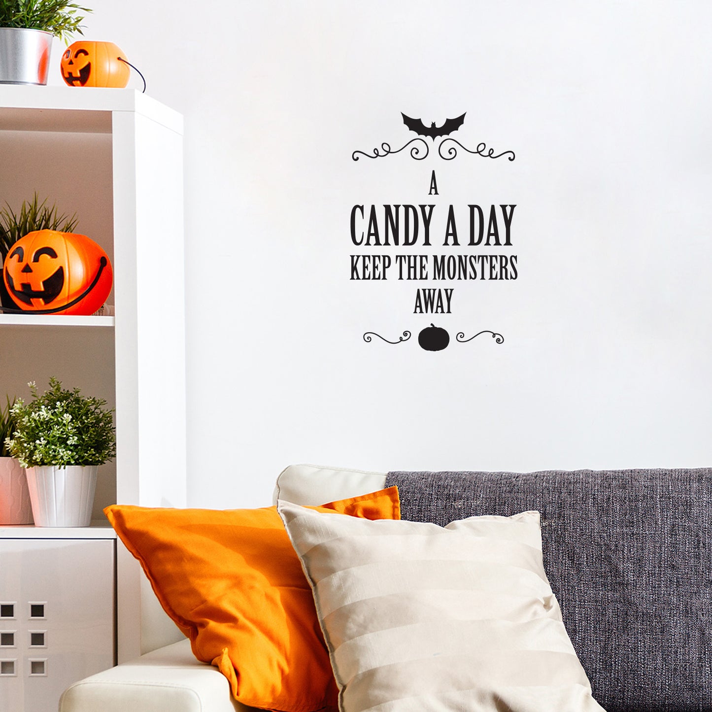 Vinyl Wall Art Decal - A Candy A Day Keeps The Monsters Away - 22" x 15" - Pumpkin Design Seasonal Halloween Quote Sticker for Entryway Storefront Office Living Room Scary Spooky Decor