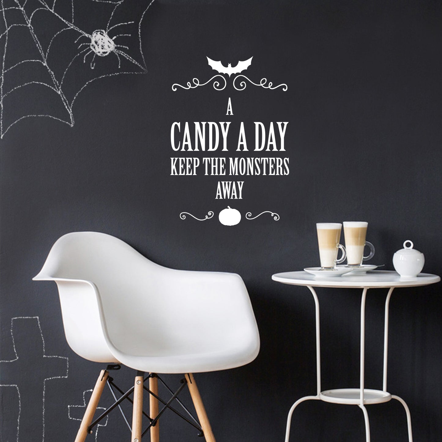 Vinyl Wall Art Decal - A Candy A Day Keeps The Monsters Away - 22" x 15" - Pumpkin Design Seasonal Halloween Quote Sticker for Entryway Storefront Office Living Room Scary Spooky Decor
