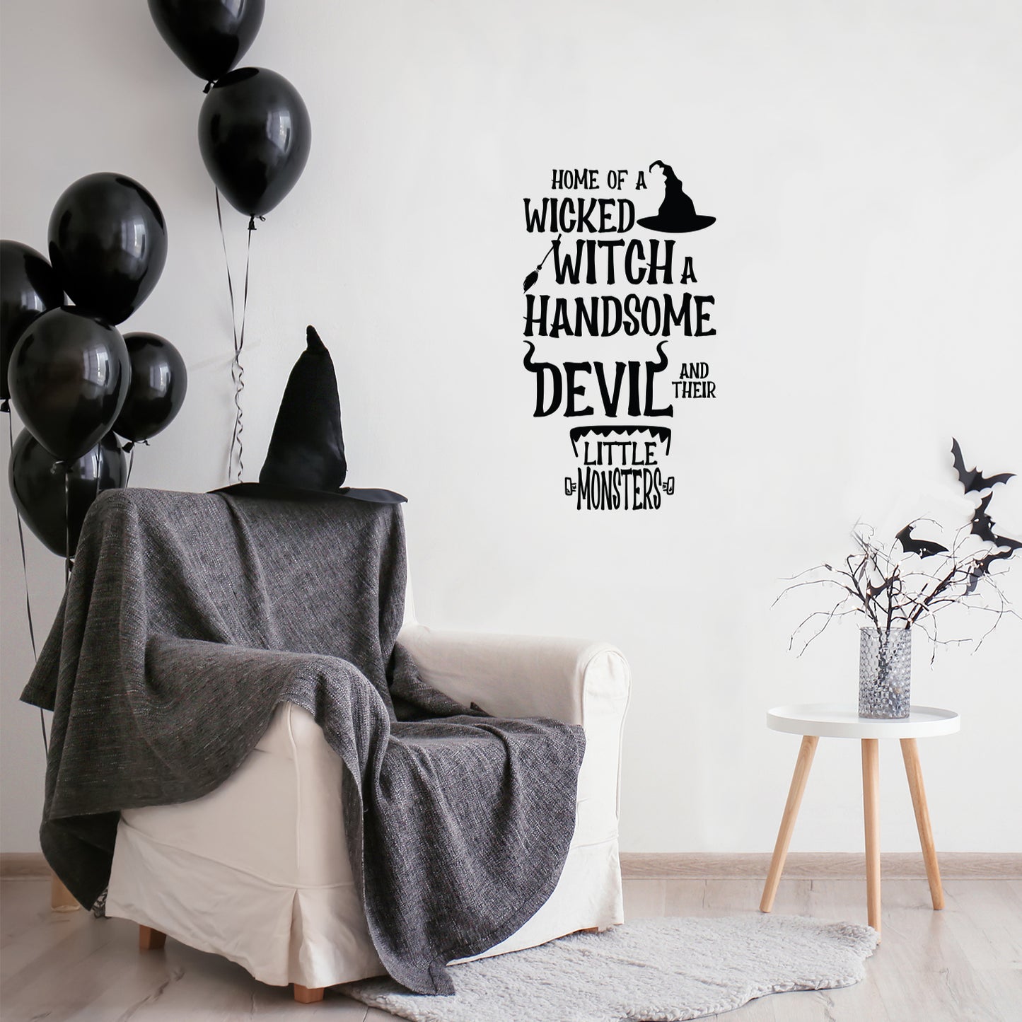 Vinyl Wall Art Decal - Home of A Wicked Witch A Handsome Devil and Little Monsters - 22" x 37.5" - Seasonal Halloween Quote Sticker for Family Home Entryway Living Room Scary Spooky Decor