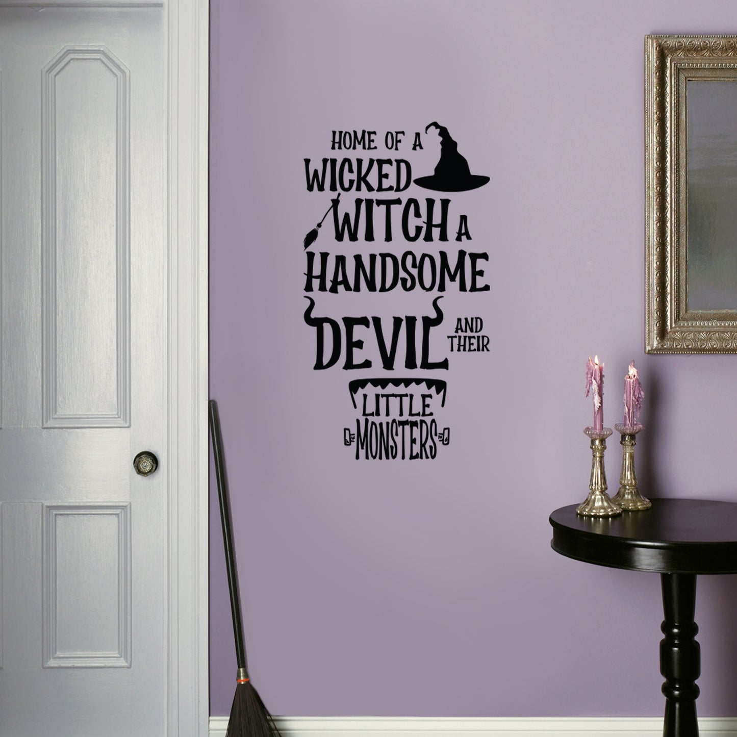 Vinyl Wall Art Decal - Home of A Wicked Witch A Handsome Devil and Little Monsters - 22" x 37.5" - Seasonal Halloween Quote Sticker for Family Home Entryway Living Room Scary Spooky Decor