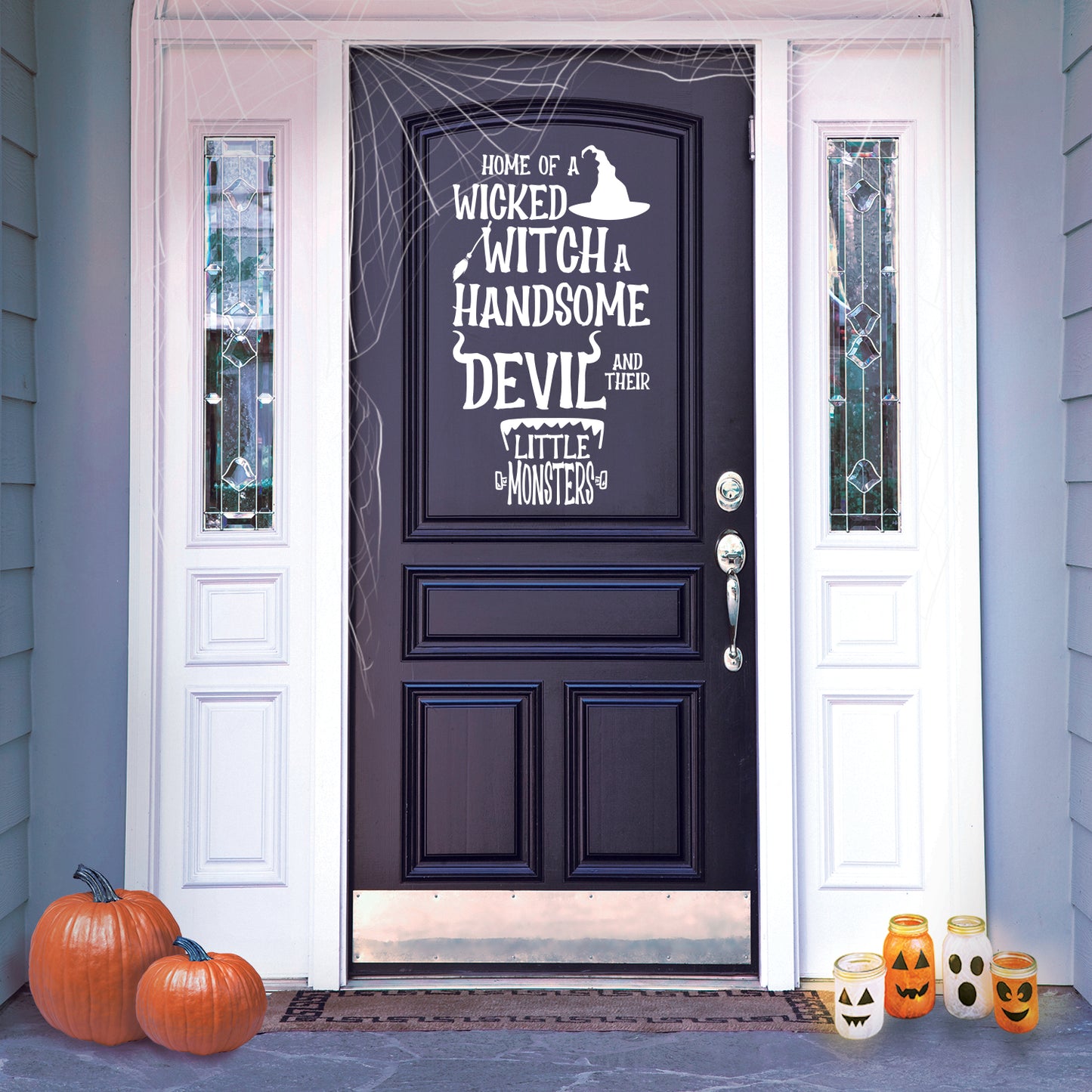 Vinyl Wall Art Decal - Home of A Wicked Witch A Handsome Devil and Little Monsters - 22" x 37.5" - Seasonal Halloween Quote Sticker for Family Home Entryway Living Room Scary Spooky Decor