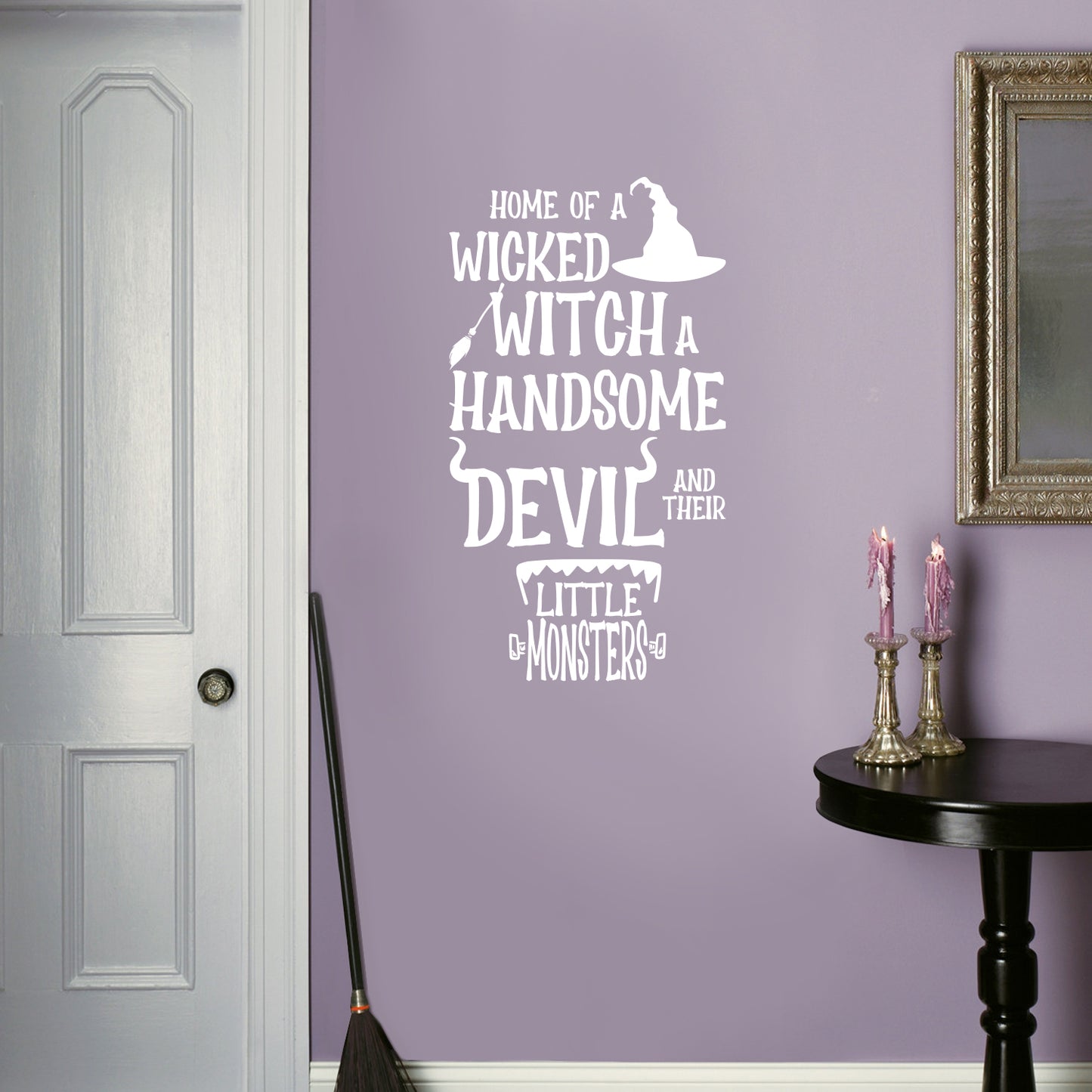 Vinyl Wall Art Decal - Home of A Wicked Witch A Handsome Devil and Little Monsters - 22" x 37.5" - Seasonal Halloween Quote Sticker for Family Home Entryway Living Room Scary Spooky Decor