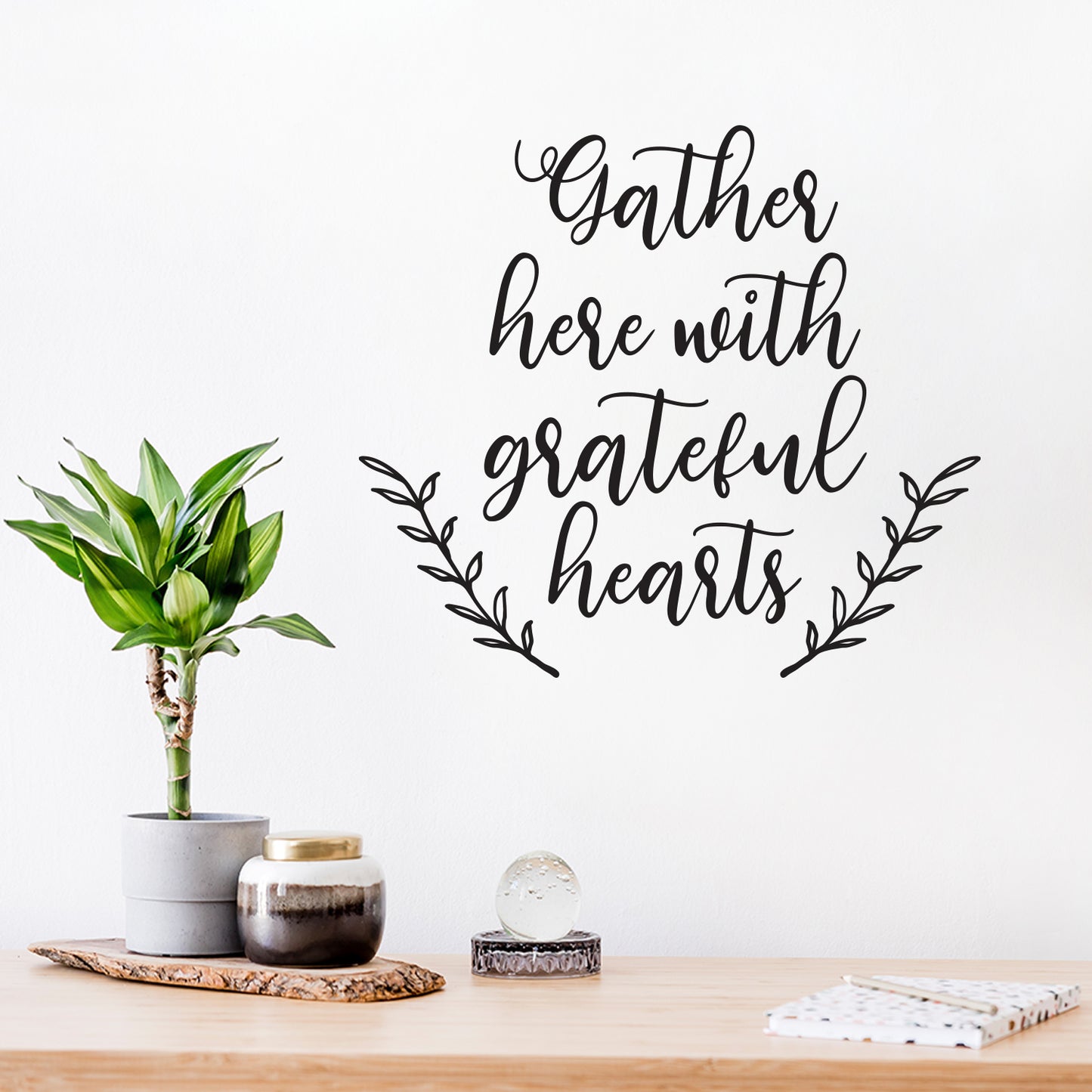 Vinyl Wall Art Decal - Gather Here with Grateful Hearts - 12.5" x 14" - Modern Lovely Thanksgiving Season Sticker for Home Family Room Kitchen Dining Room Coffee Shop Storefront Decor