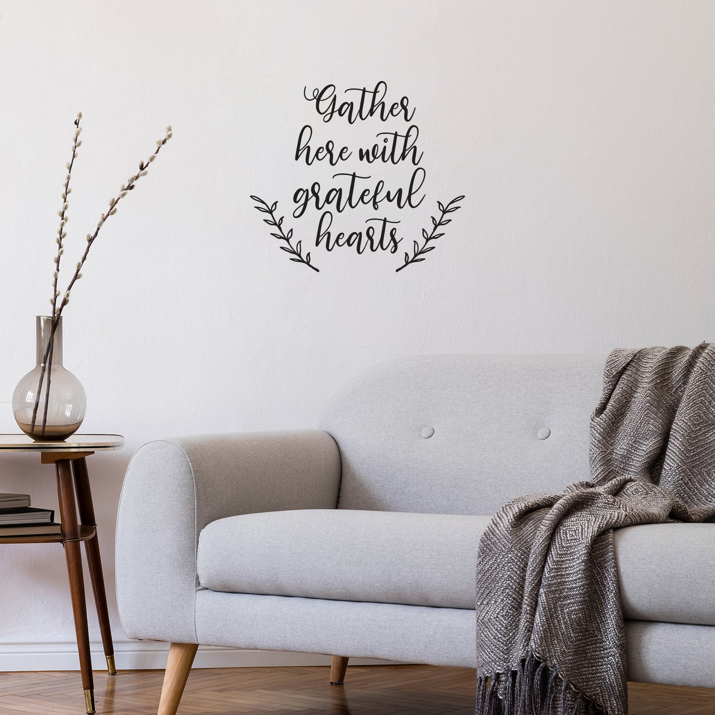Vinyl Wall Art Decal - Gather Here with Grateful Hearts - 12.5" x 14" - Modern Lovely Thanksgiving Season Sticker for Home Family Room Kitchen Dining Room Coffee Shop Storefront Decor