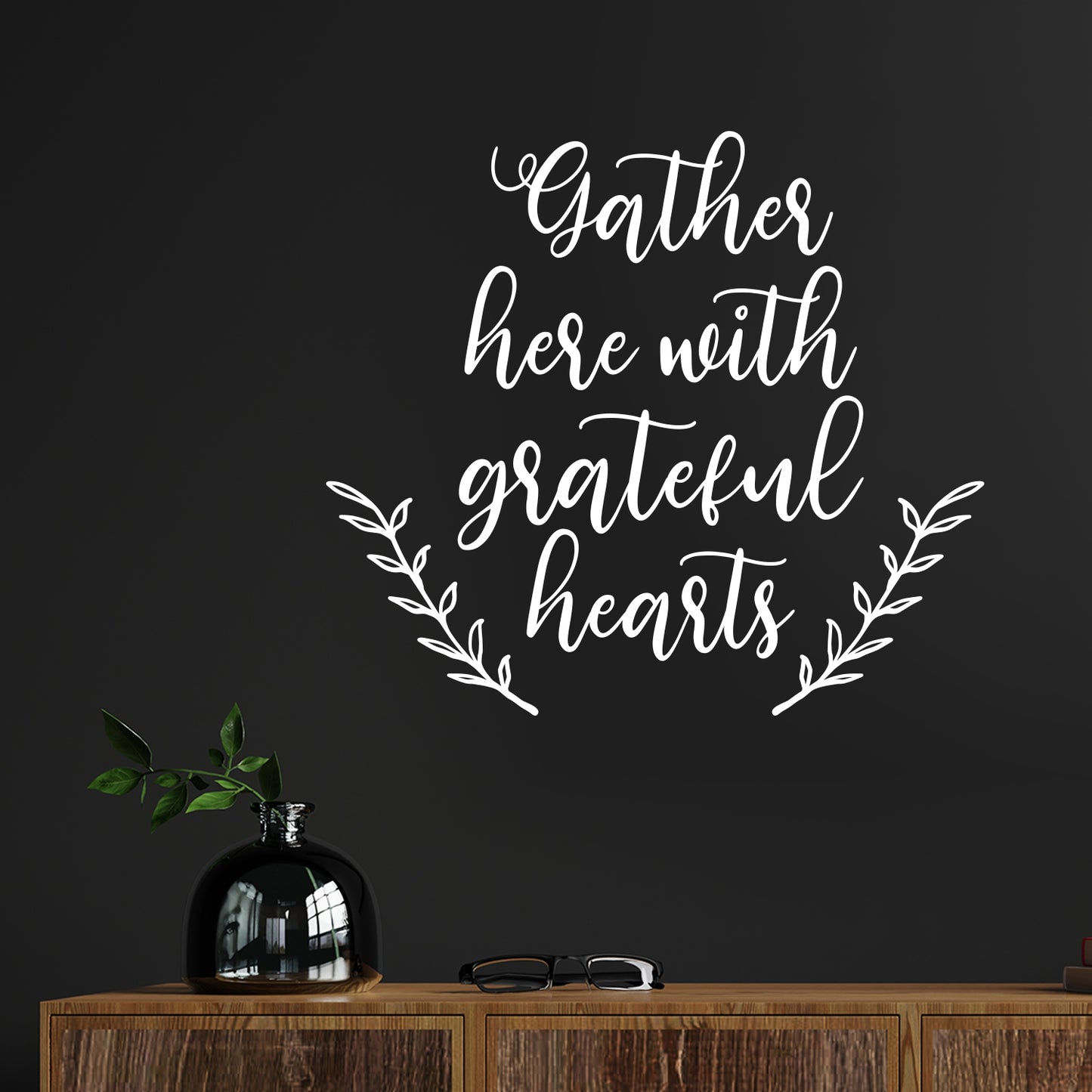 Vinyl Wall Art Decal - Gather Here with Grateful Hearts - 12.5" x 14" - Modern Lovely Thanksgiving Season Sticker for Home Family Room Kitchen Dining Room Coffee Shop Storefront Decor