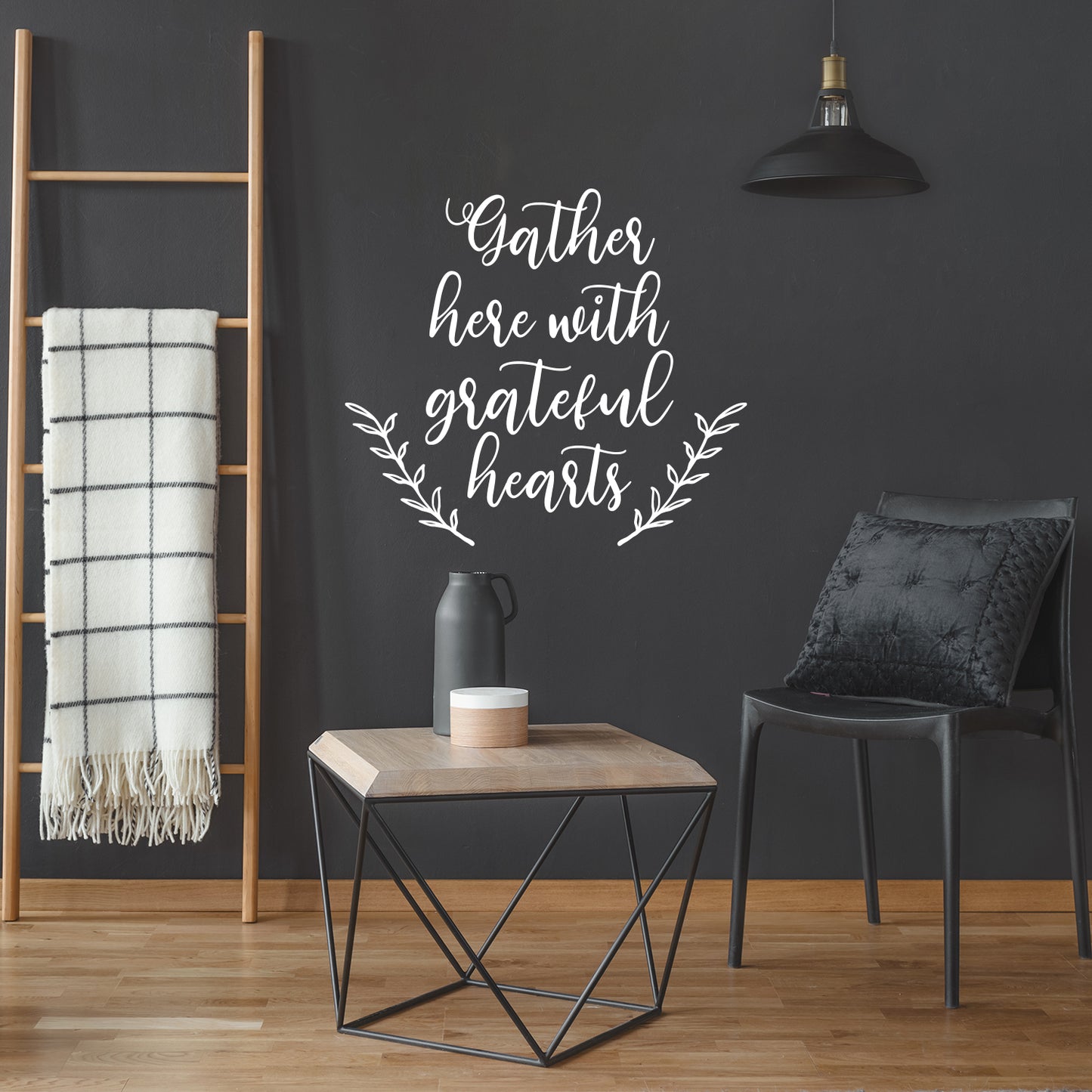 Vinyl Wall Art Decal - Gather Here with Grateful Hearts - 12.5" x 14" - Modern Lovely Thanksgiving Season Sticker for Home Family Room Kitchen Dining Room Coffee Shop Storefront Decor