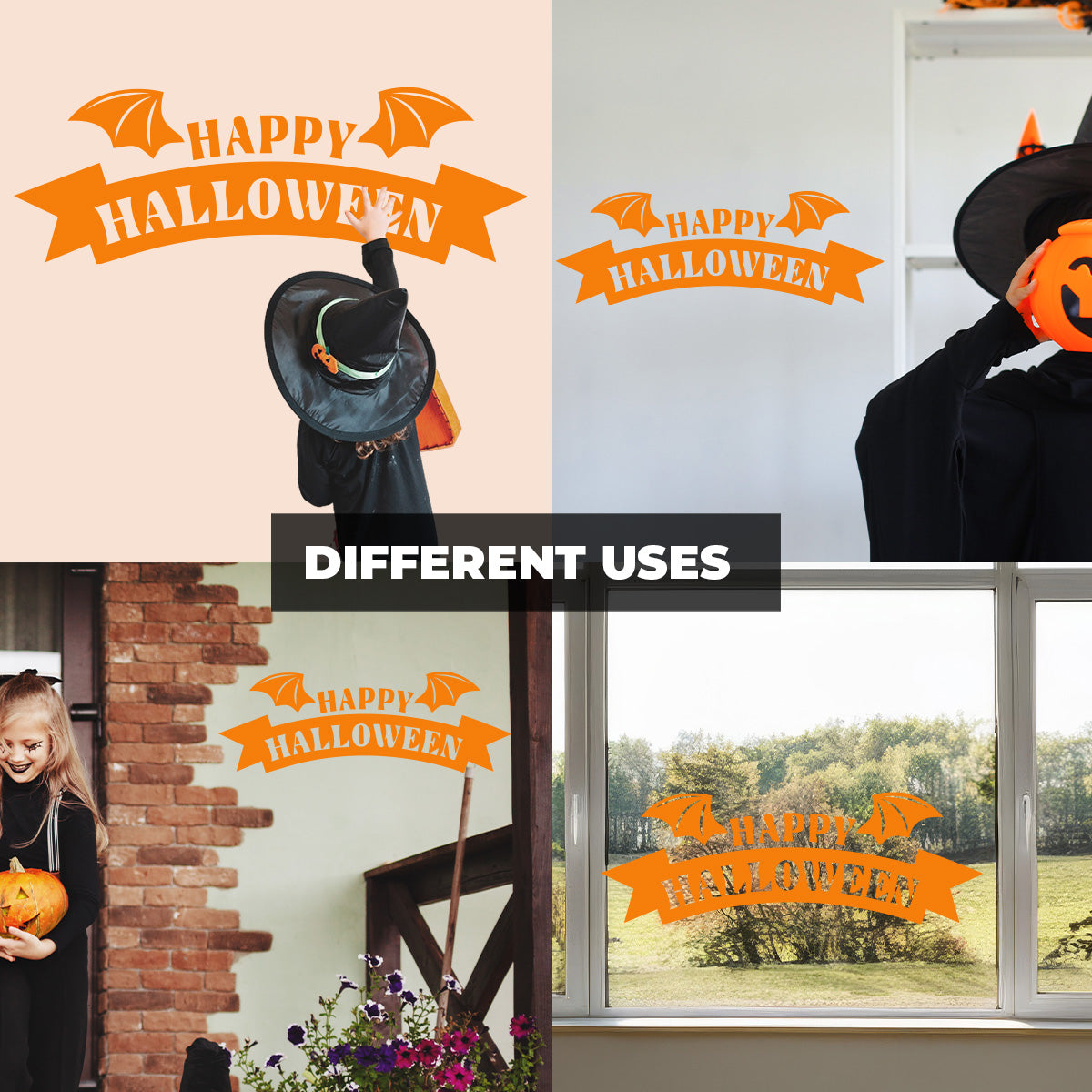 Vinyl Wall Art Decal - Happy Halloween Bat Wings 16" x 46" - Halloween Lettering, Seasonal Decor - Teens, Adults, Indoor, Outdoor, Wall, Door, Window, Living Room, Office