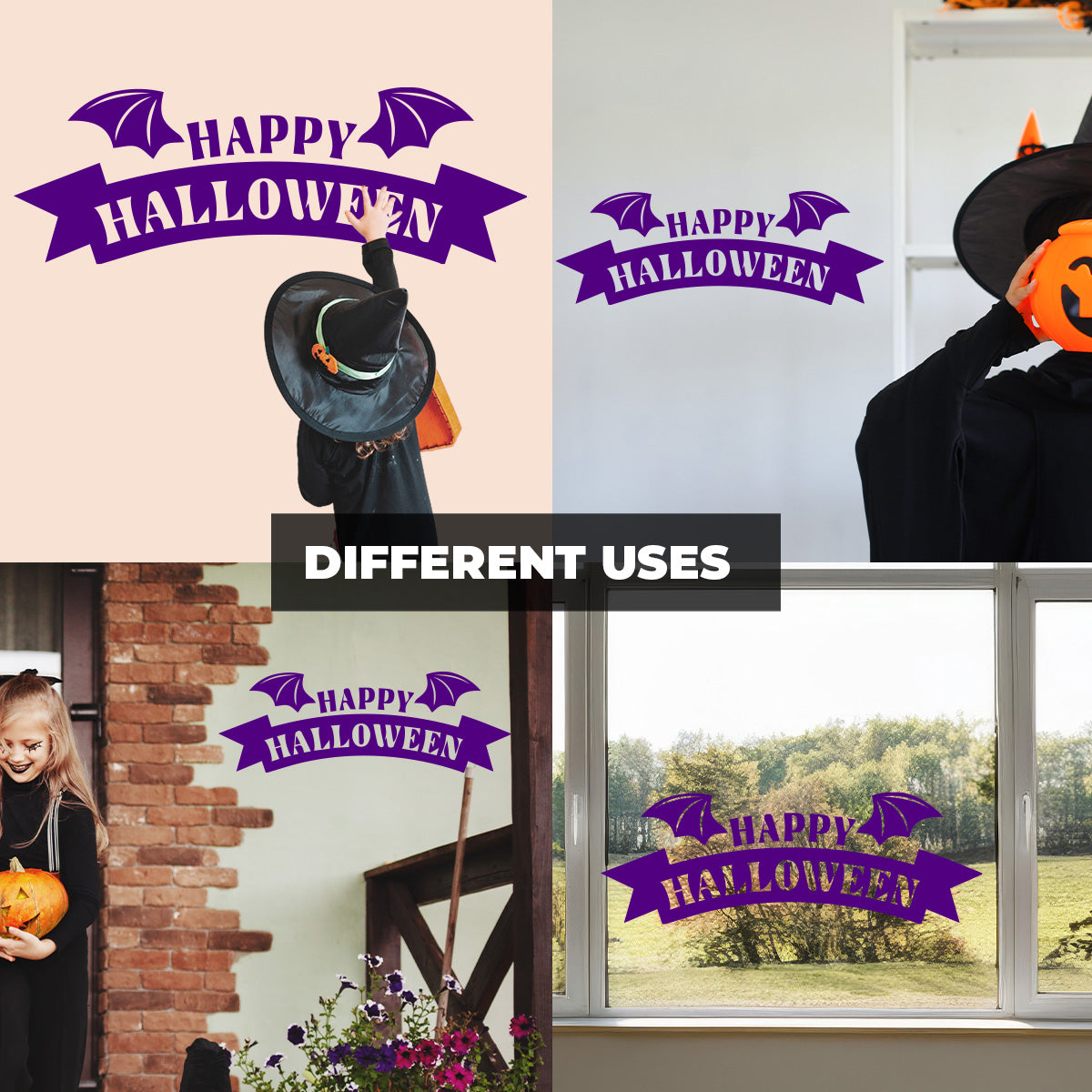 Vinyl Wall Art Decal - Happy Halloween Bat Wings 16" x 46" - Halloween Lettering, Seasonal Decor - Teens, Adults, Indoor, Outdoor, Wall, Door, Window, Living Room, Office