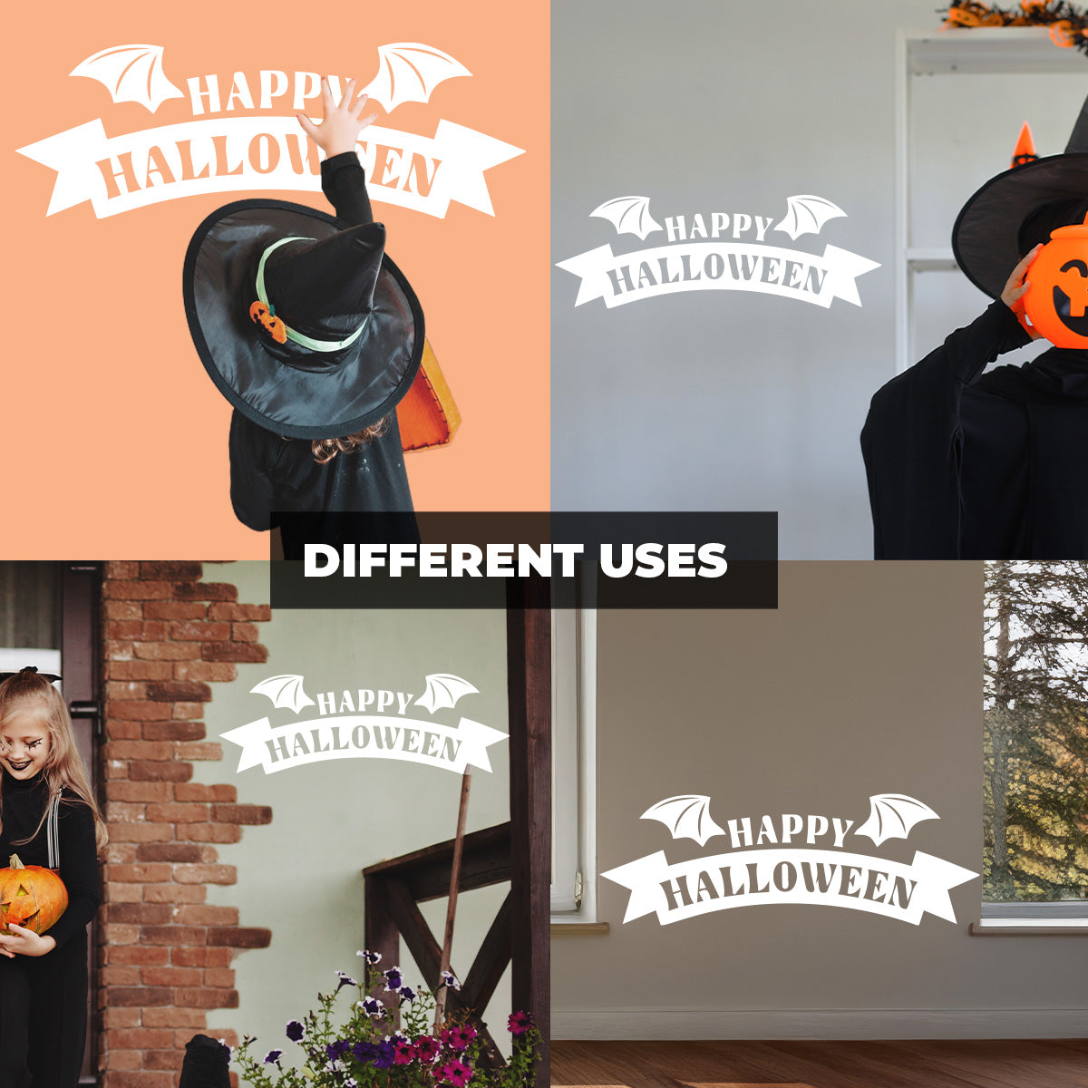 Vinyl Wall Art Decal - Happy Halloween Bat Wings 16" x 46" - Halloween Lettering, Seasonal Decor - Teens, Adults, Indoor, Outdoor, Wall, Door, Window, Living Room, Office