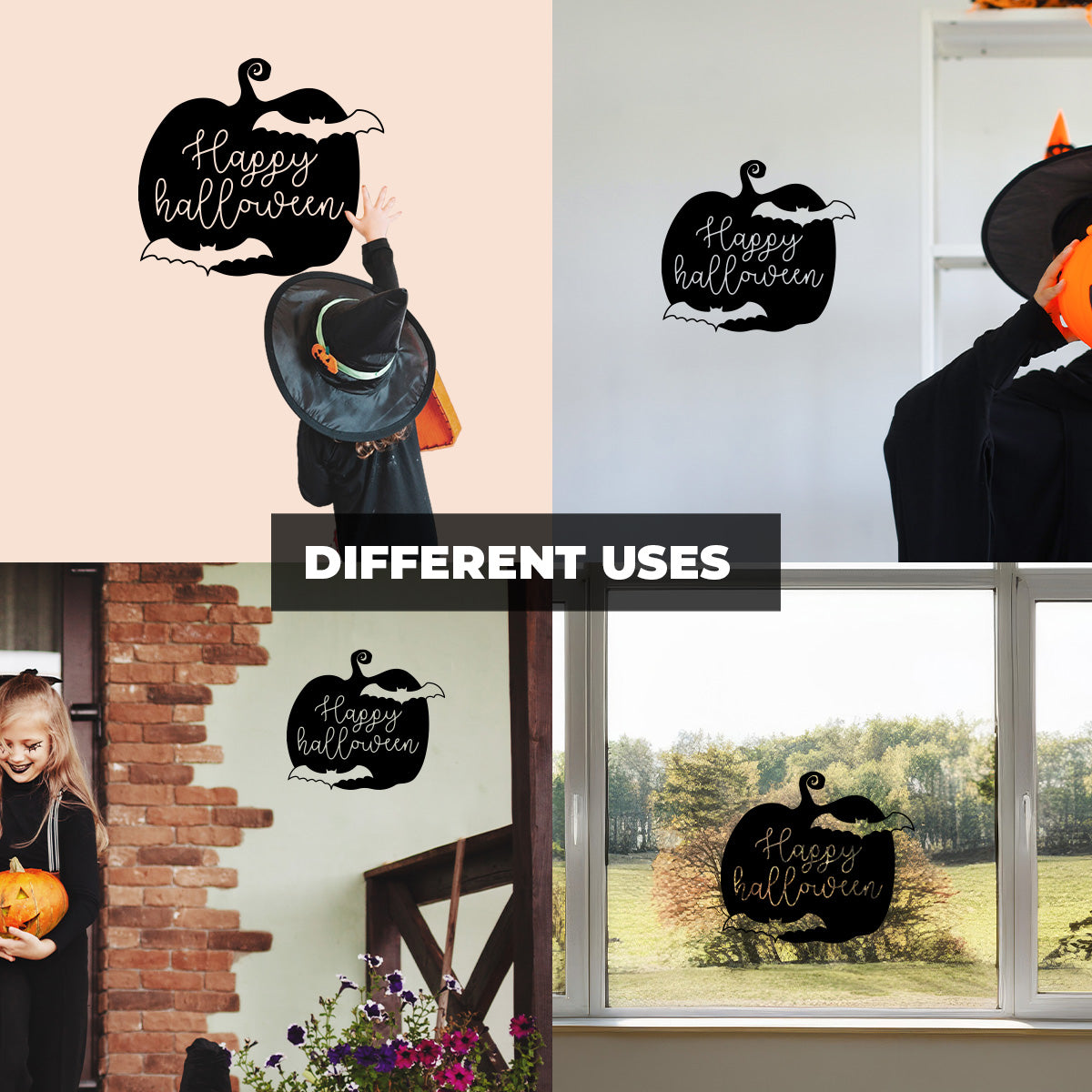 Vinyl Wall Art Decal - Happy Halloween Pumpkin Bats 16" x 18" - Halloween Decoration, Seasonal Decor - Teens, Adults, Indoor, Outdoor, Wall, Door, Window, Living Room, Office