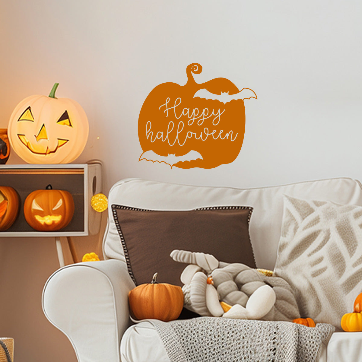 Vinyl Wall Art Decal - Happy Halloween Pumpkin Bats 16" x 18" - Halloween Decoration, Seasonal Decor - Teens, Adults, Indoor, Outdoor, Wall, Door, Window, Living Room, Office