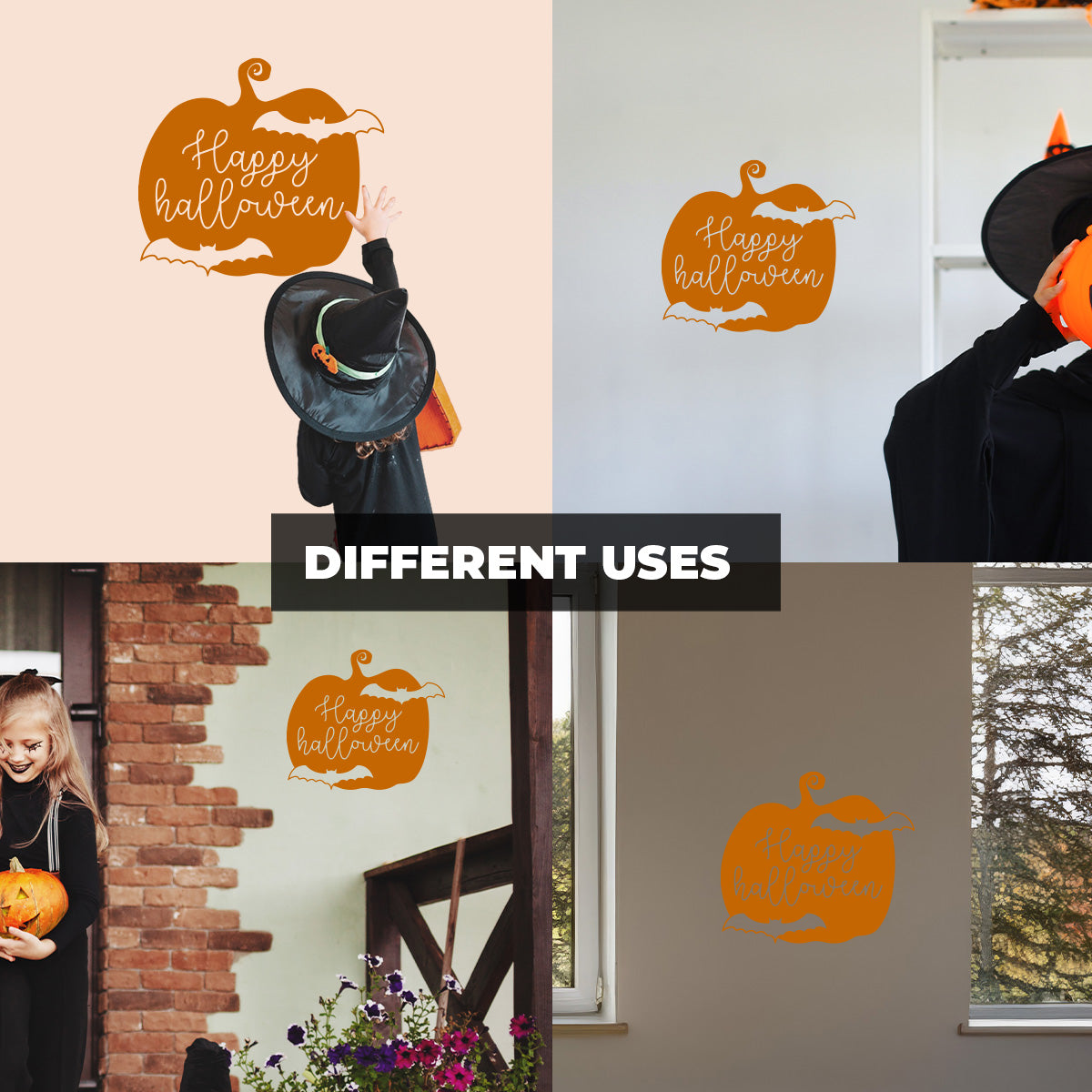 Vinyl Wall Art Decal - Happy Halloween Pumpkin Bats 16" x 18" - Halloween Decoration, Seasonal Decor - Teens, Adults, Indoor, Outdoor, Wall, Door, Window, Living Room, Office