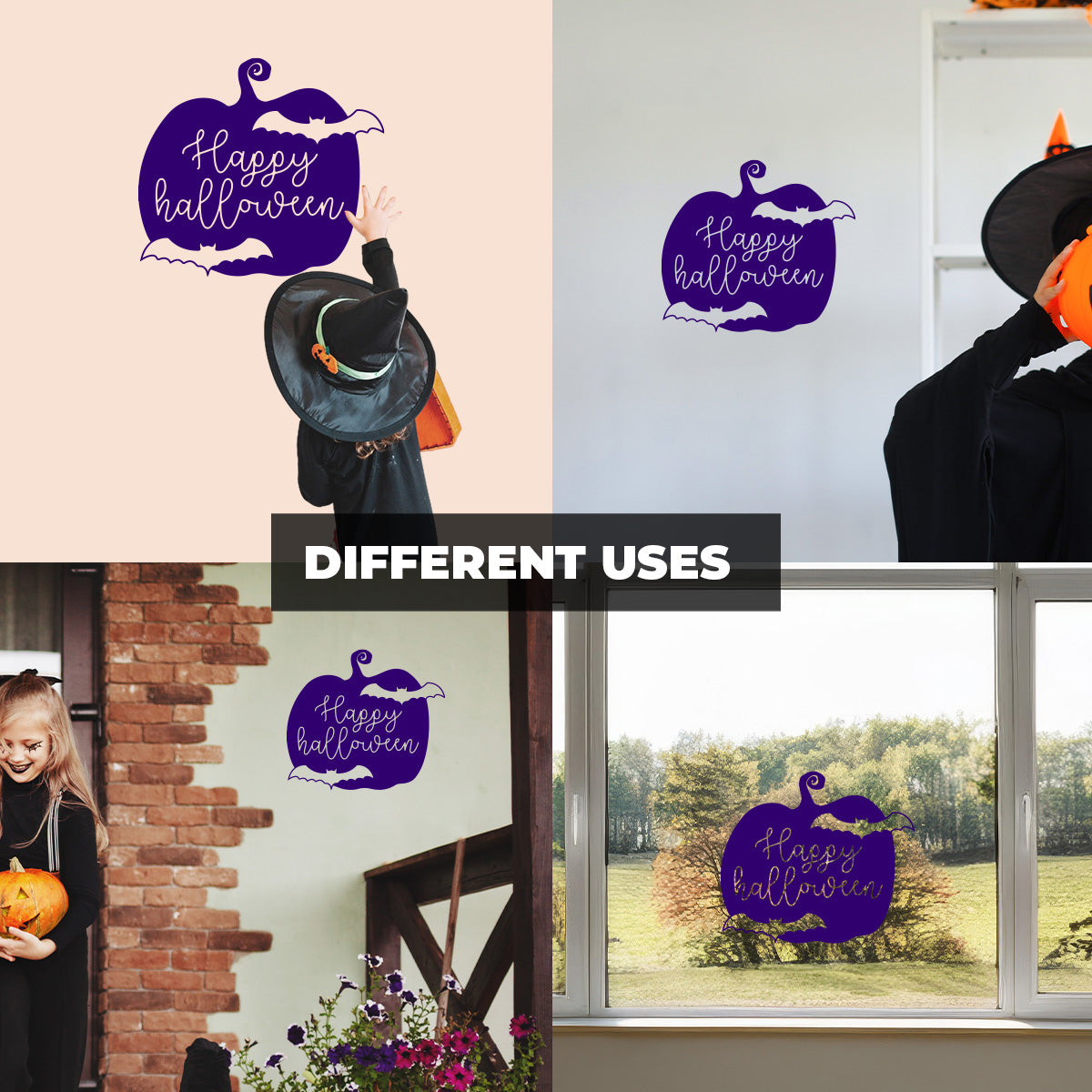 Vinyl Wall Art Decal - Happy Halloween Pumpkin Bats 16" x 18" - Halloween Decoration, Seasonal Decor - Teens, Adults, Indoor, Outdoor, Wall, Door, Window, Living Room, Office