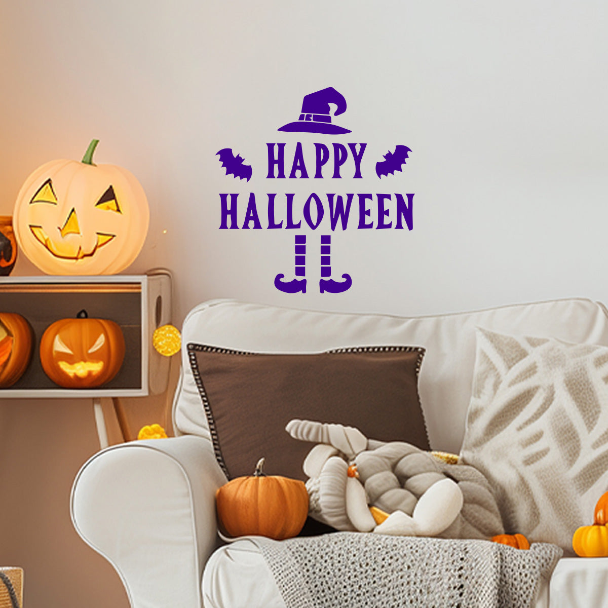 Vinyl Wall Art Decal - Happy Halloween Witch Hat 22" x 21" - Halloween Decoration, Seasonal Decor - Teens, Adults, Indoor, Outdoor, Wall, Door, Window, Living Room, Office