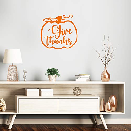 Vinyl Wall Art Decal - Give Thanks - 22" x 23" - Modern Inspirational Cute Thankful Quote Fall Season Pumpkin Design Sticker for Office Business Coffee Shop Store School Entryway Door Decor